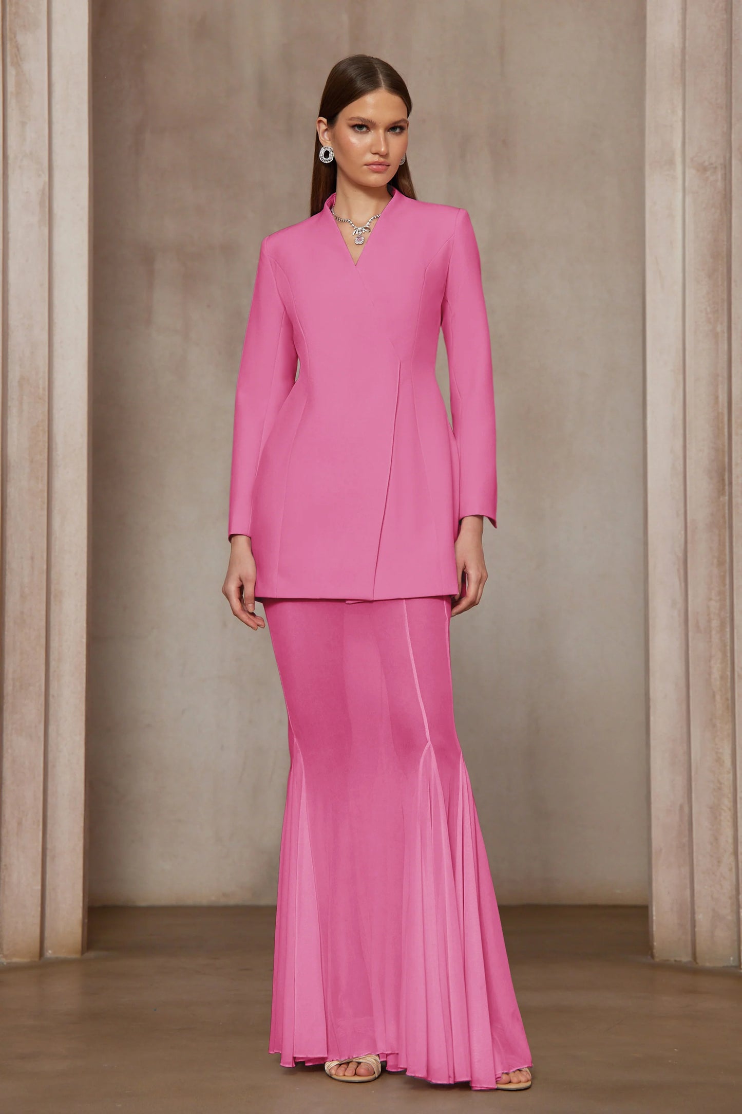 Enora Barrel Design Jacket & Skirt Set - Hot Pink