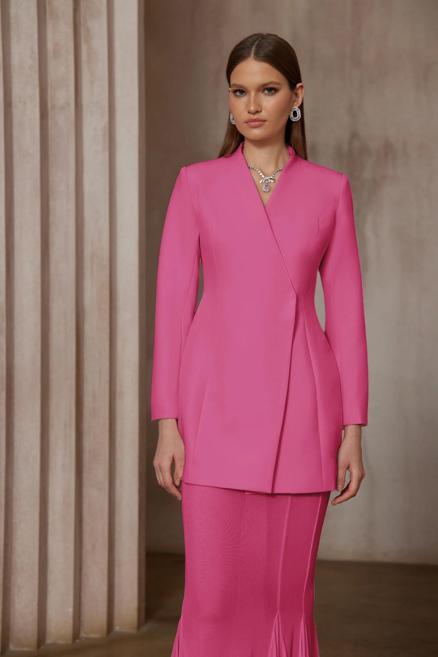 Enora Barrel Design Jacket & Skirt Set - Hot Pink