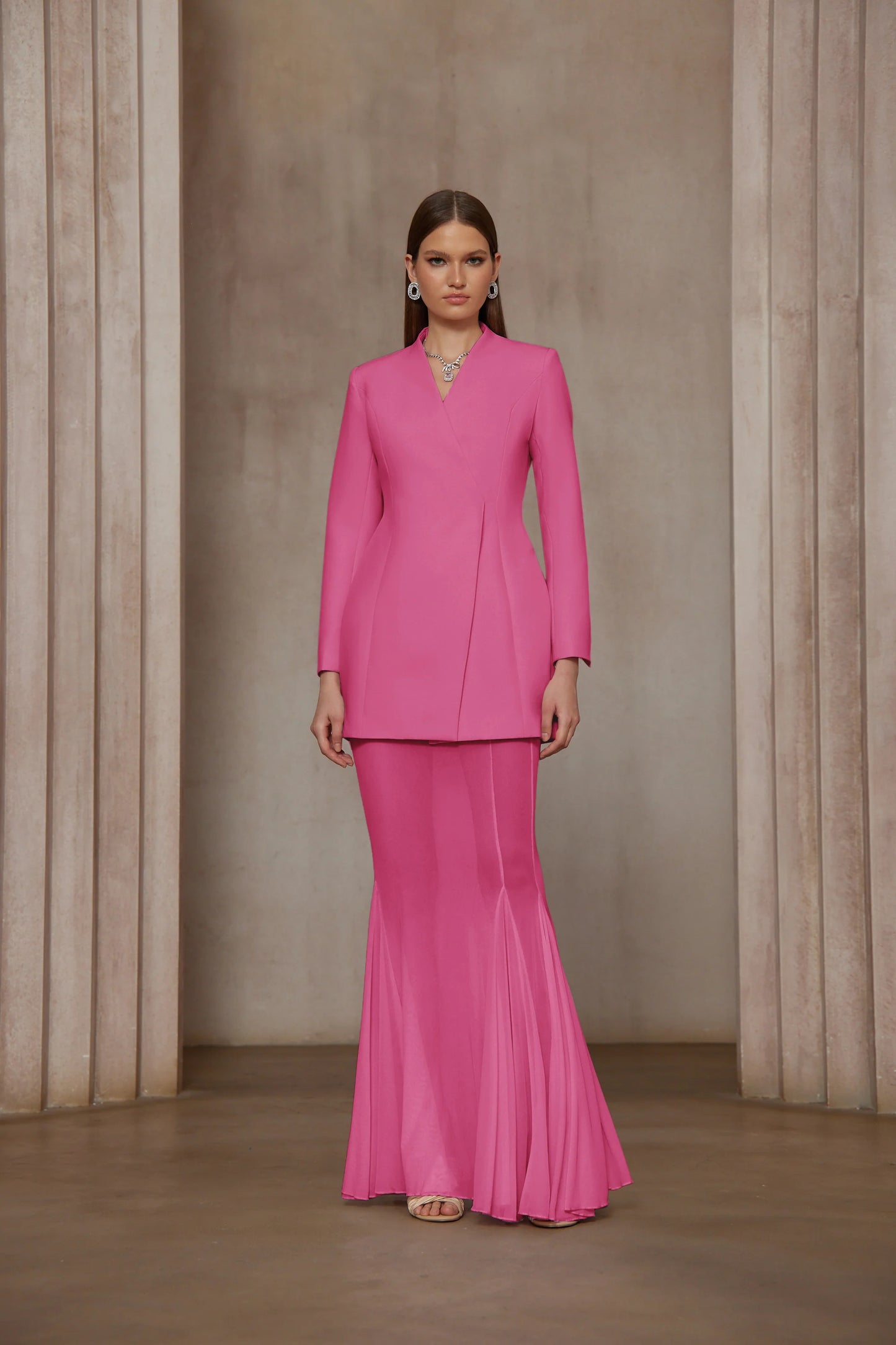 Enora Barrel Design Jacket & Skirt Set - Hot Pink