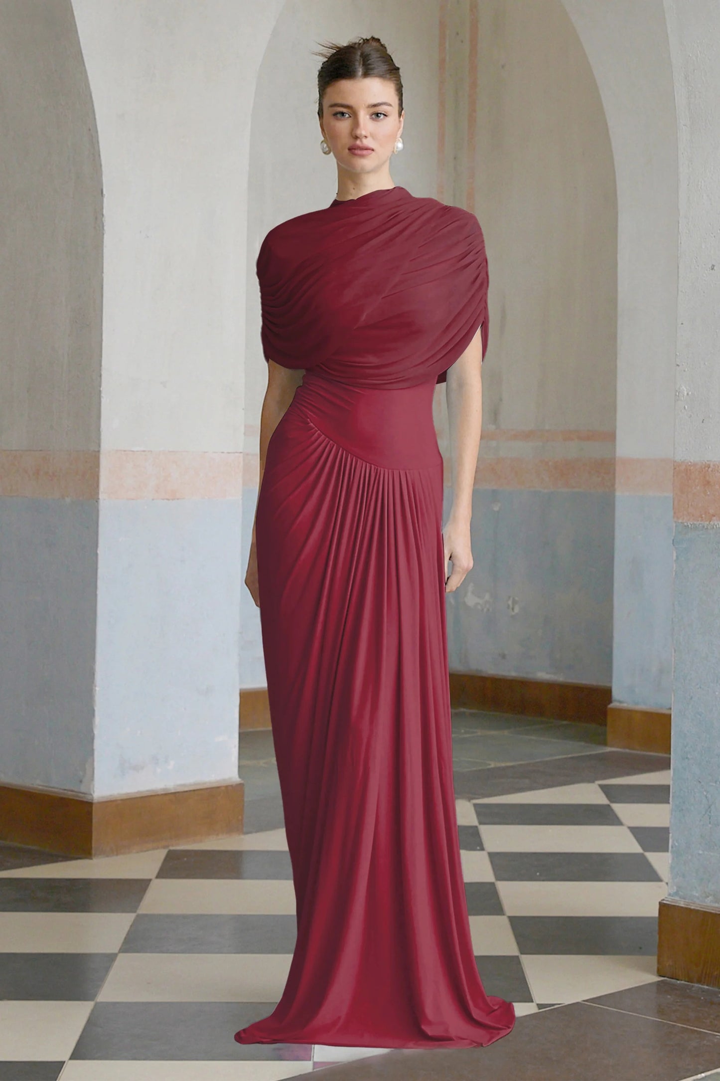 Catherine asymmetrical pleated maxi dress in Red