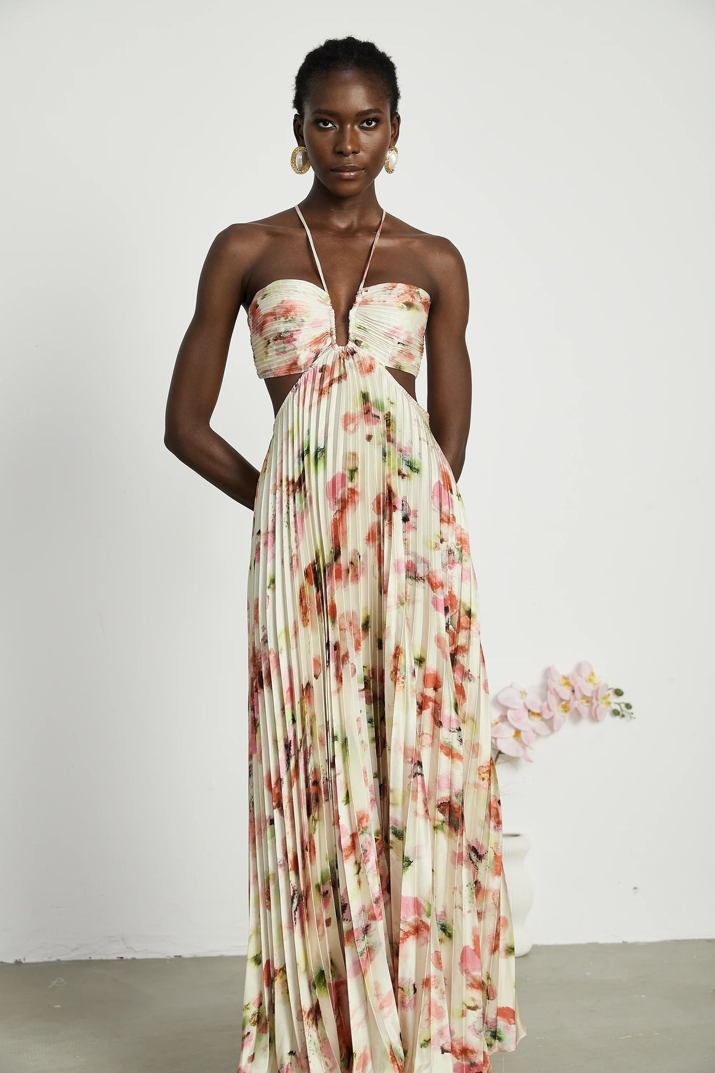 Andrea Cut-Out Floral-Print Pleated Maxi Dress