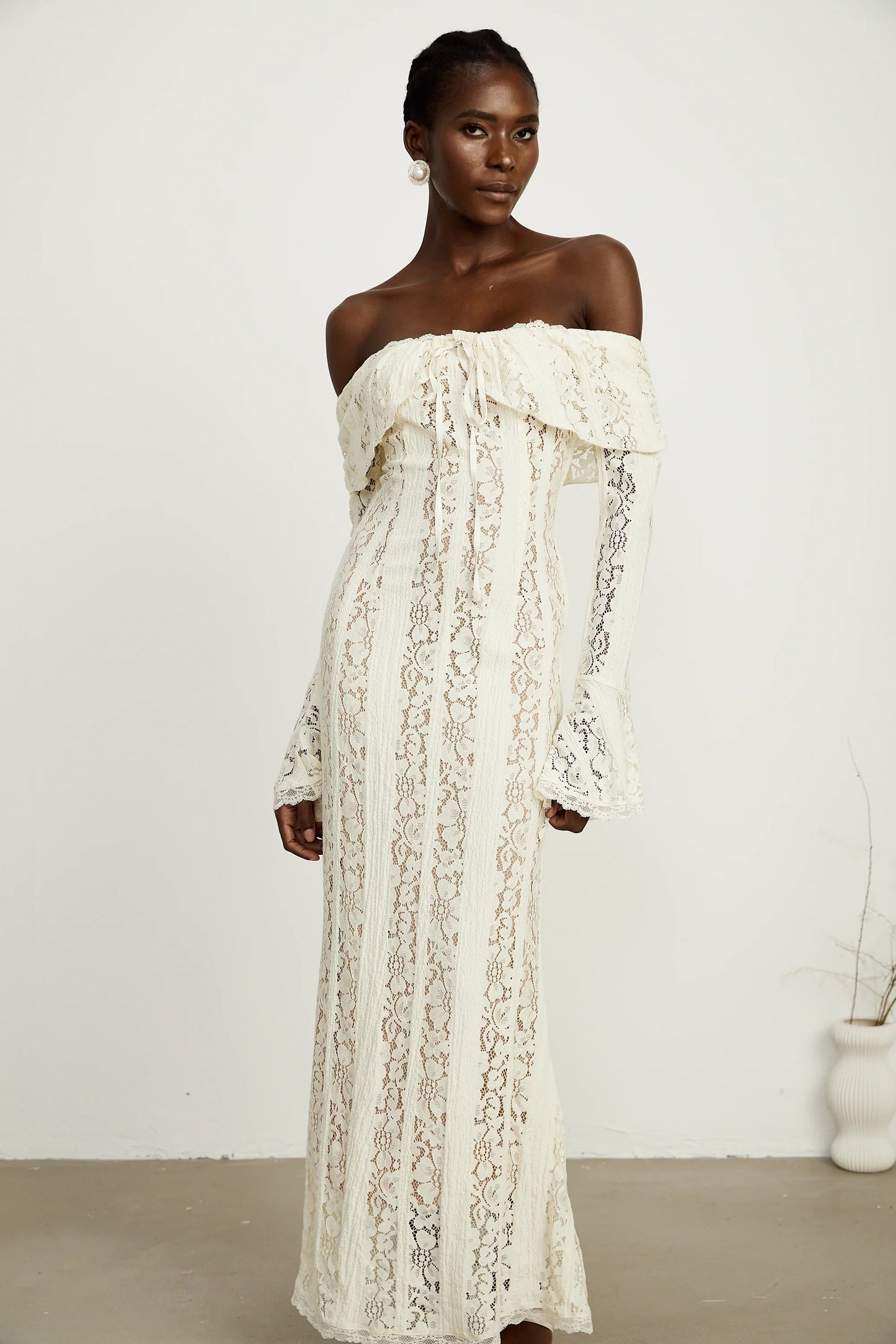 Emeline Floral Lace Flared-Cuff Maxi Dress in Neutrals