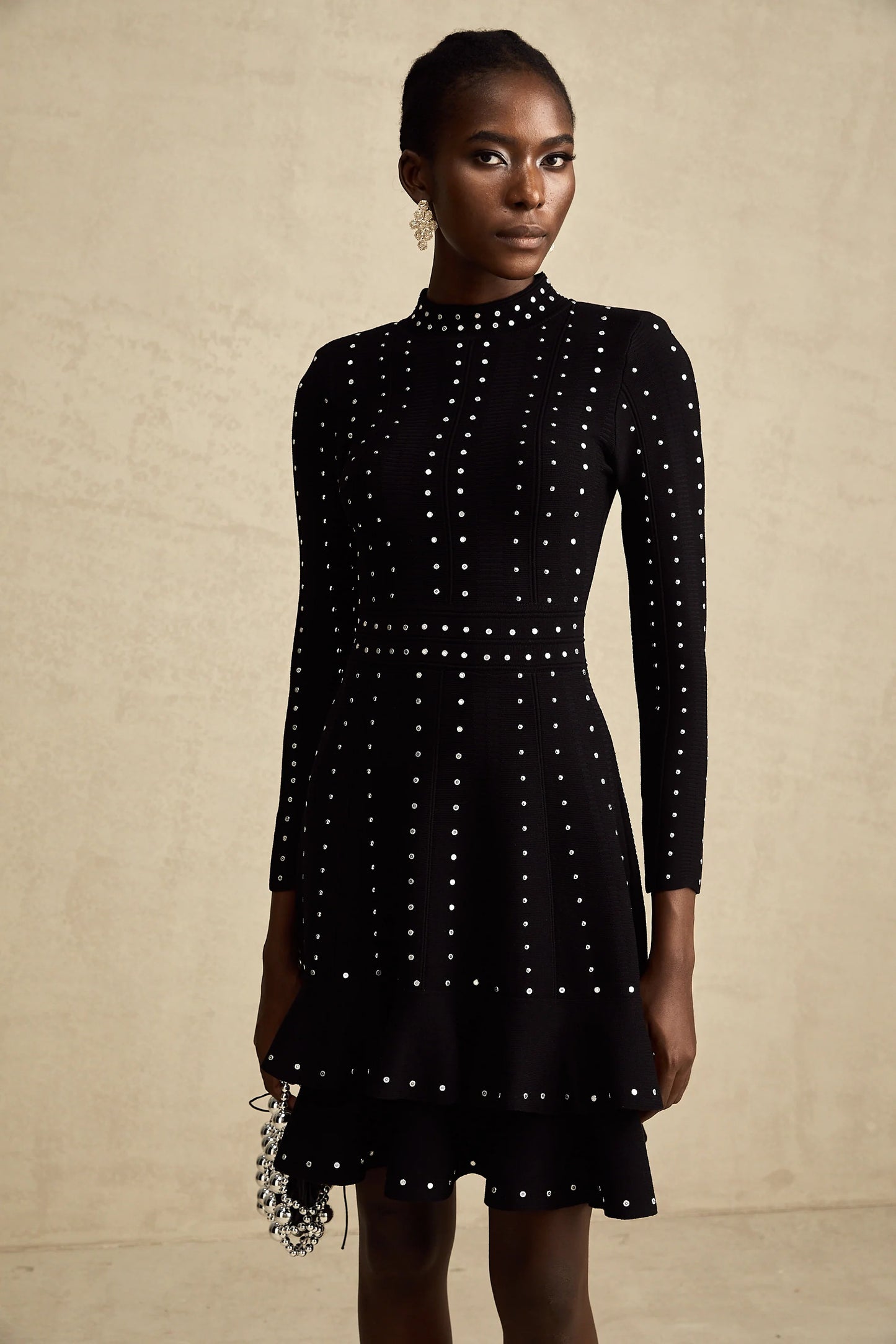 Fabienne Black Embellished Ruffled Knitted Mini Dress