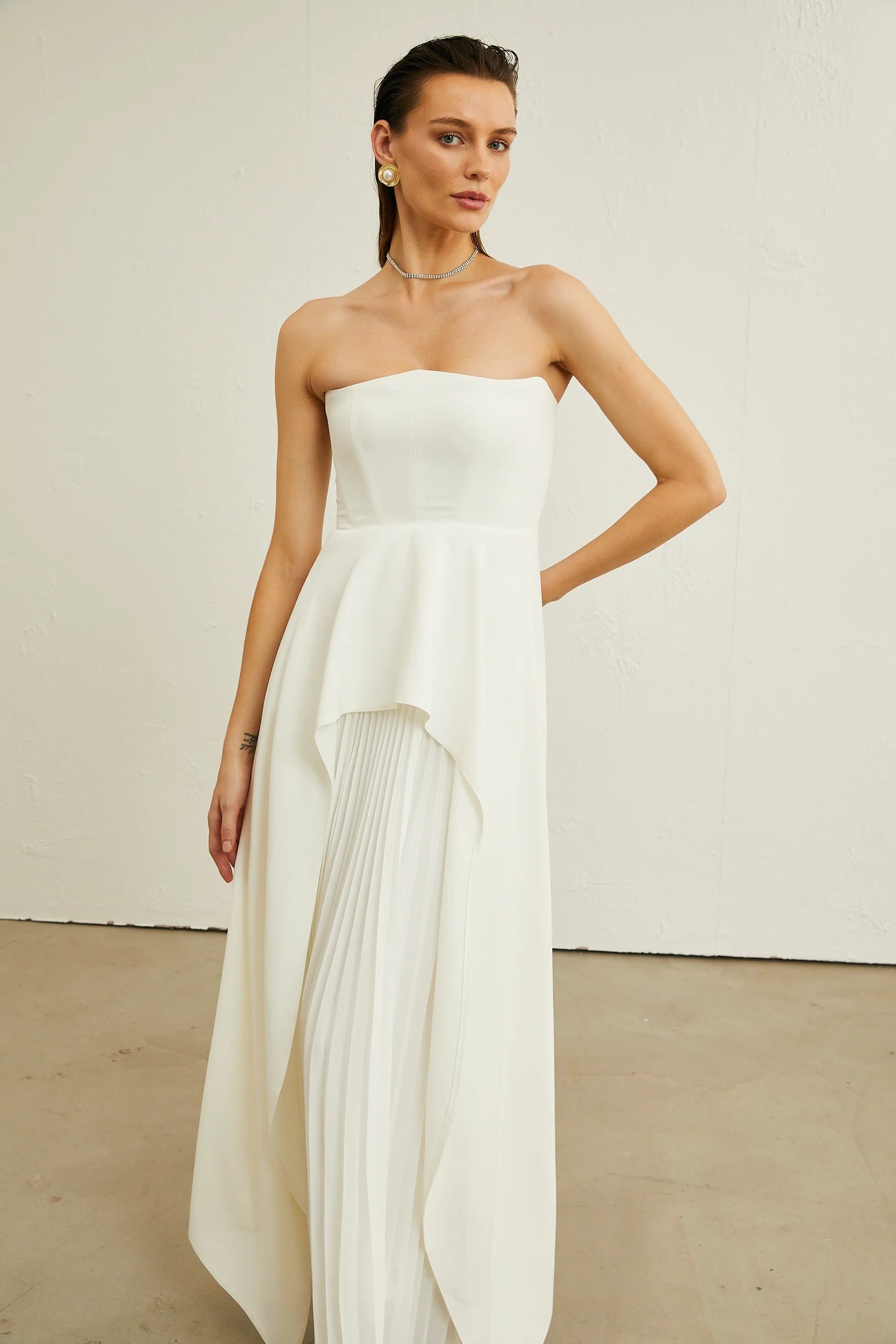 Vanessa White Pleated Off-Shoulder Maxi Dress
