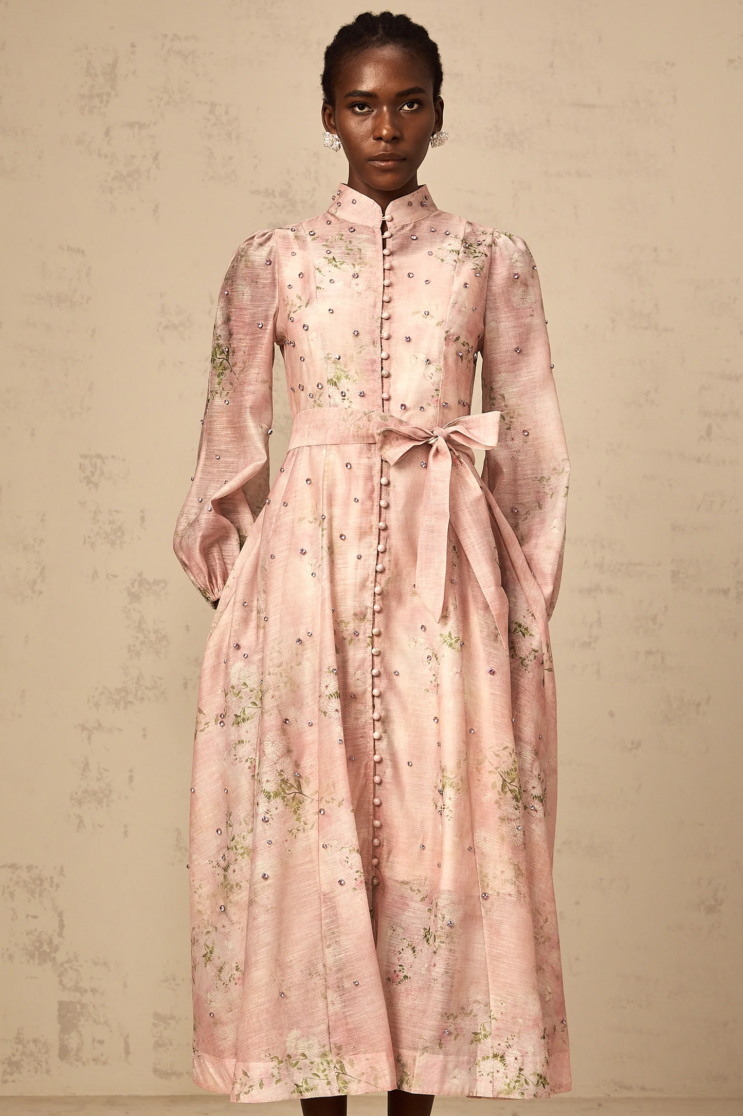 Narcisse Pink Embellished Floral-Print Midi Dress