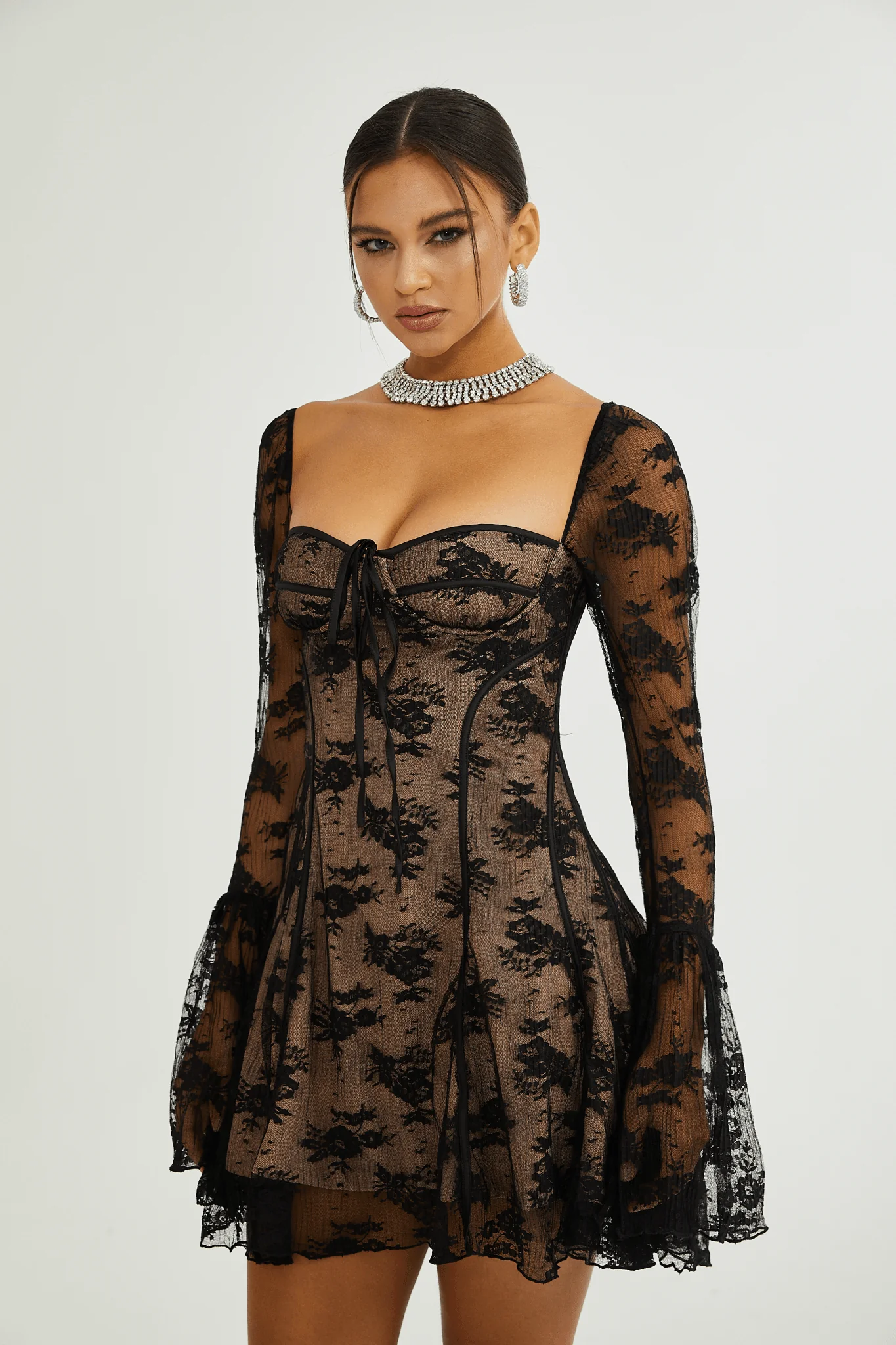 Cyrielle Black Flared-Cuff Long-Sleeved Dress