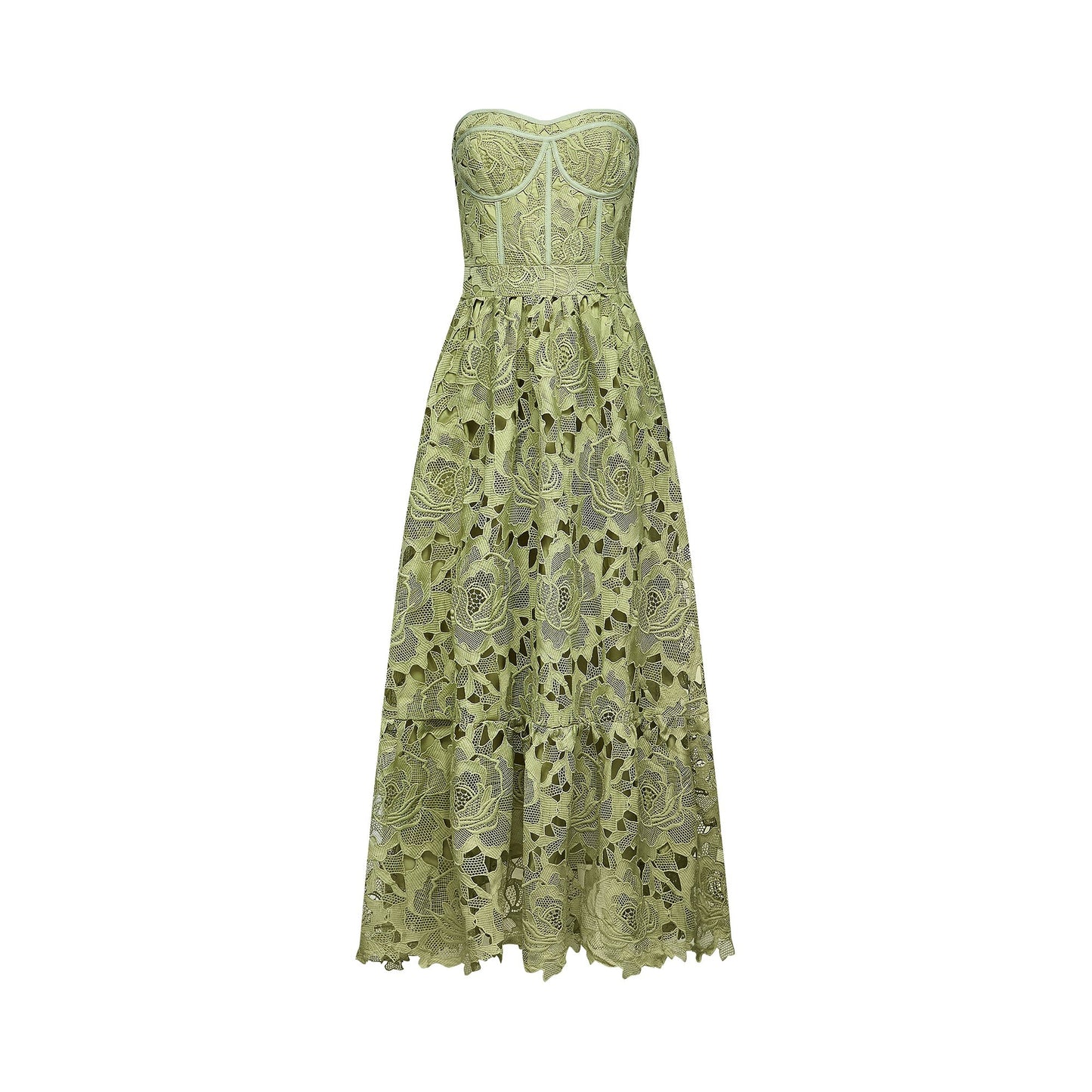 Ines lace floral embroidered cut-out midi dress in Green