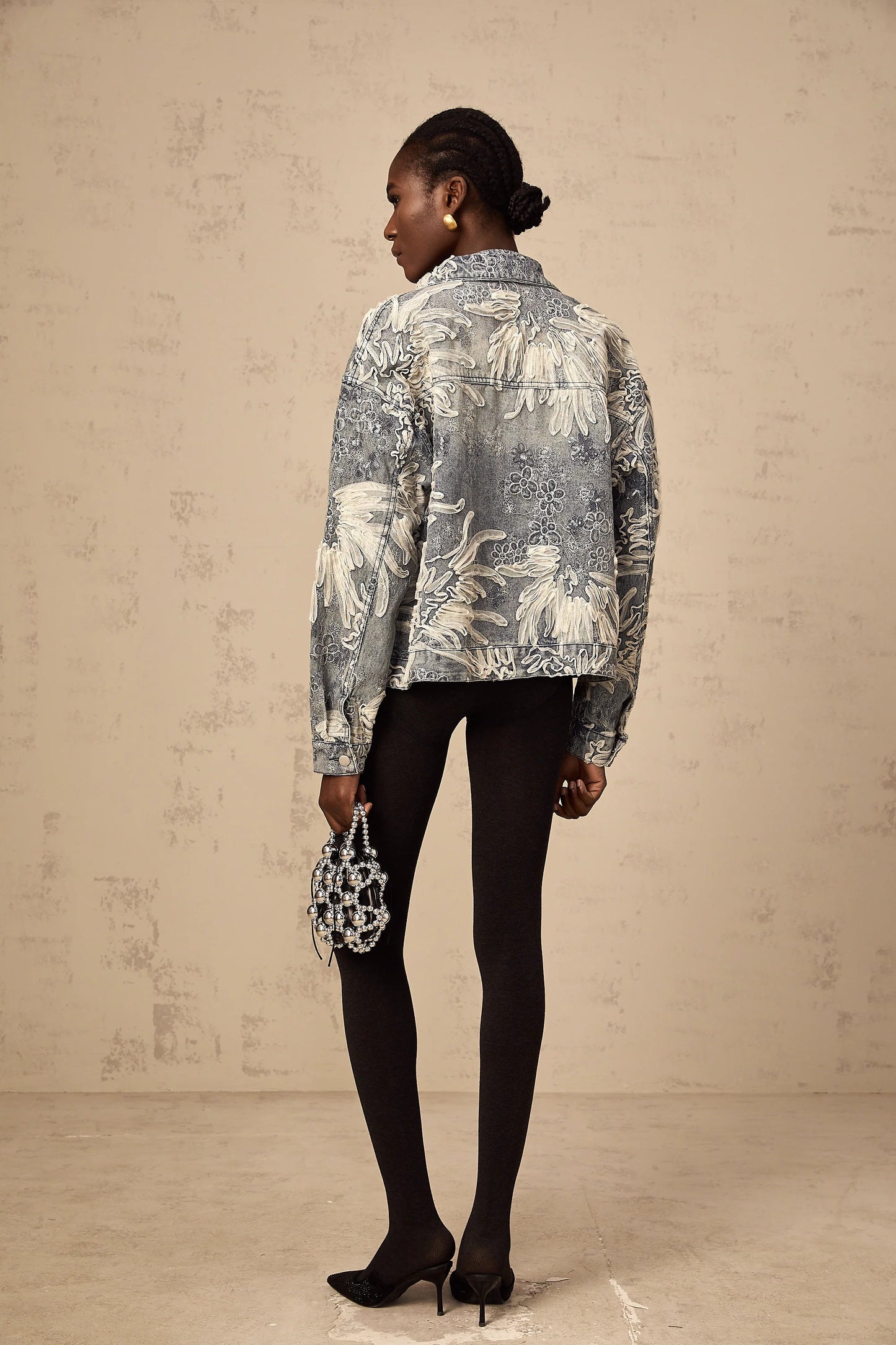 Mailys blue sequined flower-embroidered denim jacket