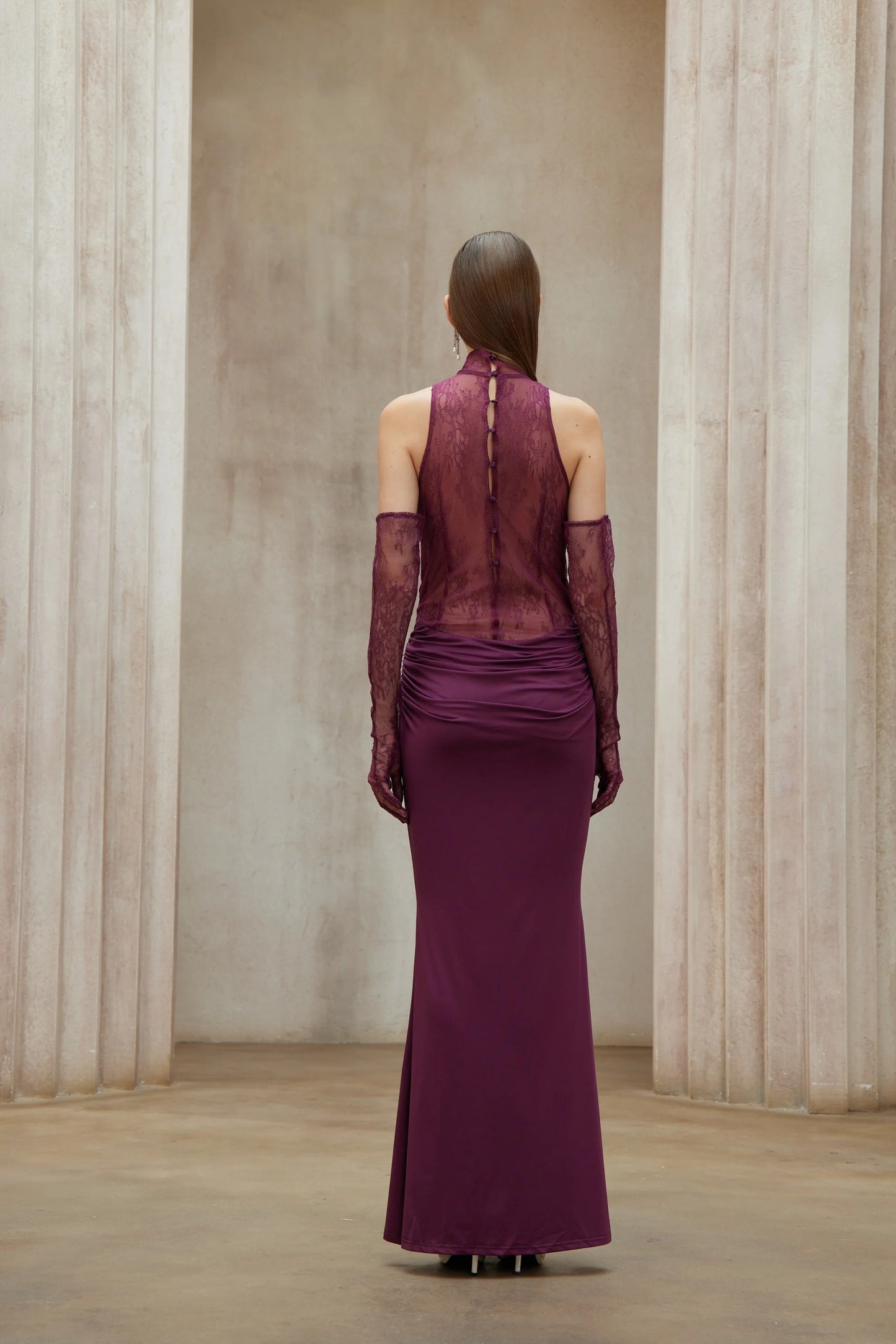 Borbala Magenta Lace Bodice Ruched Maxi Dress