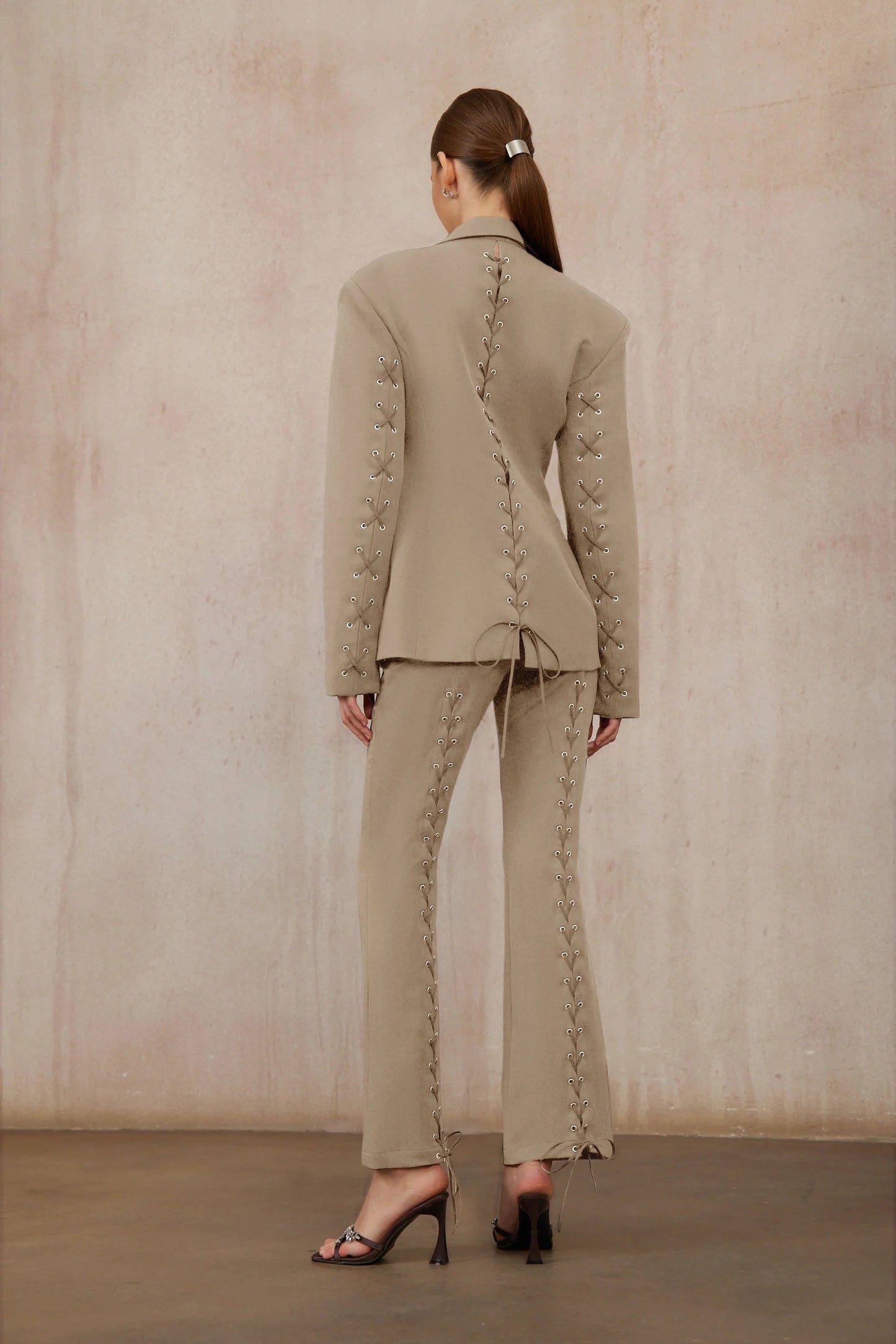 Prunille Khaki Lace-Up Blazer & Trousers Set