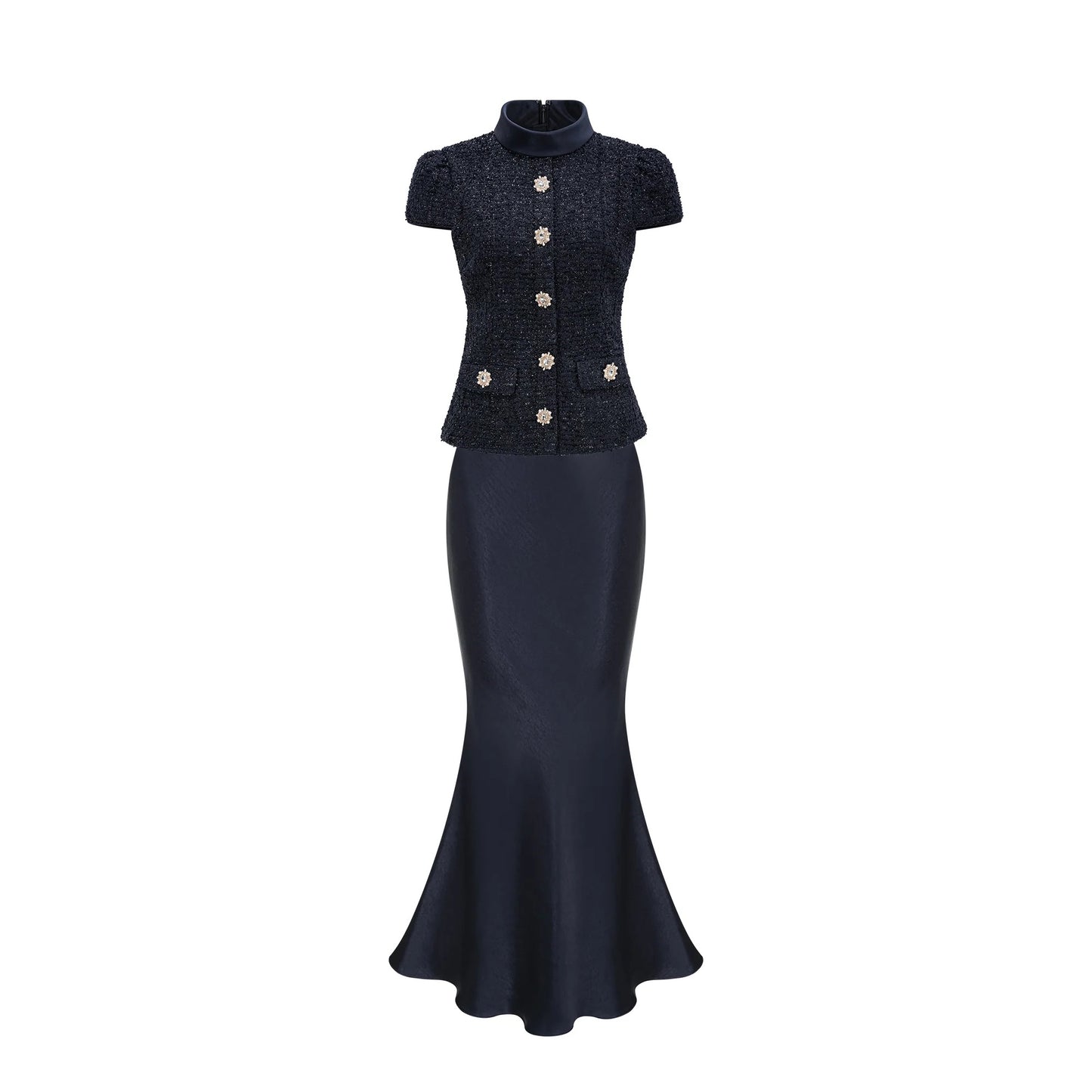 Josette blue peplum-waist panelled maxi dress