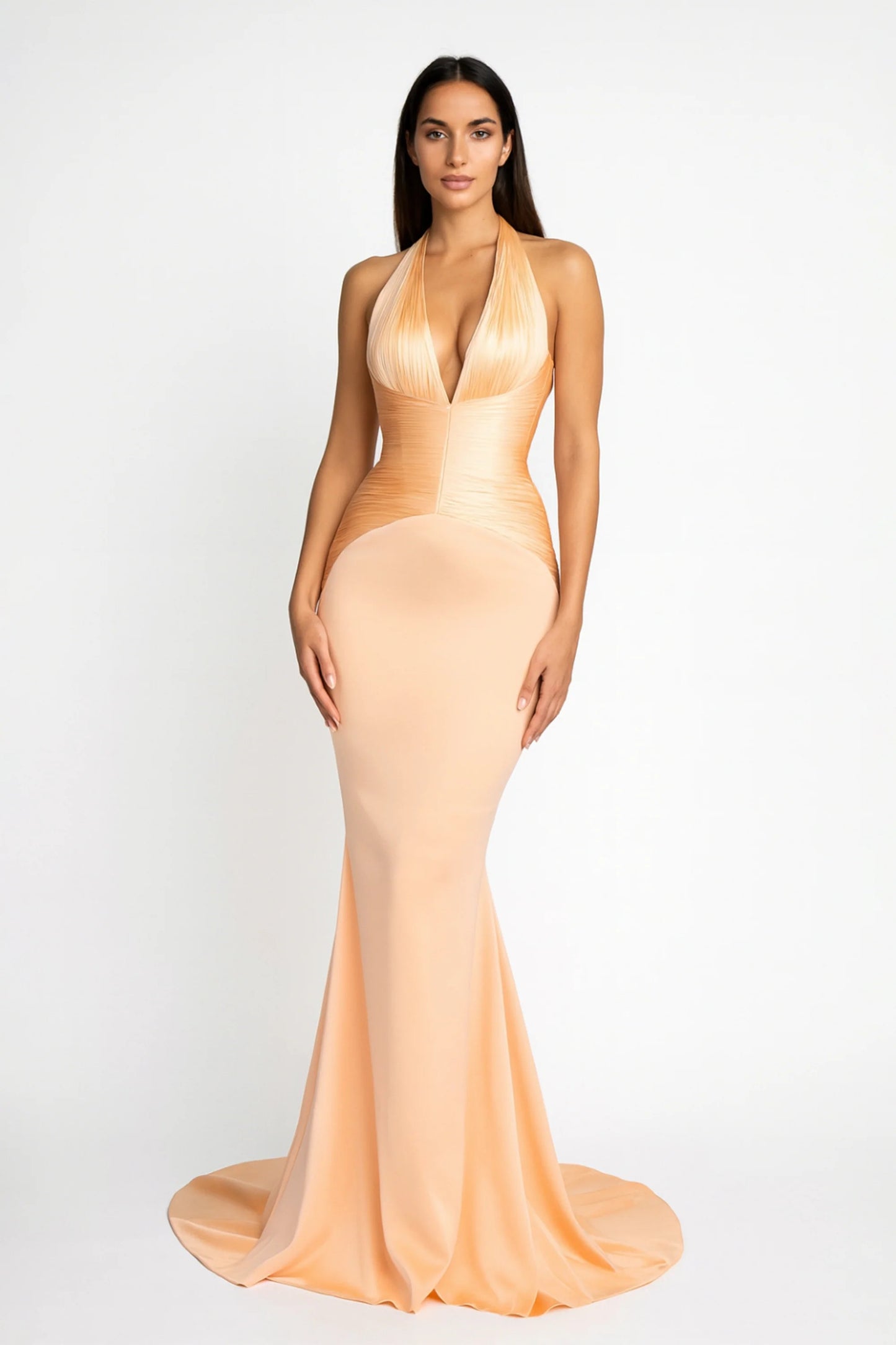 Emmeline Neutral Train Design Gathered Maxi Dress