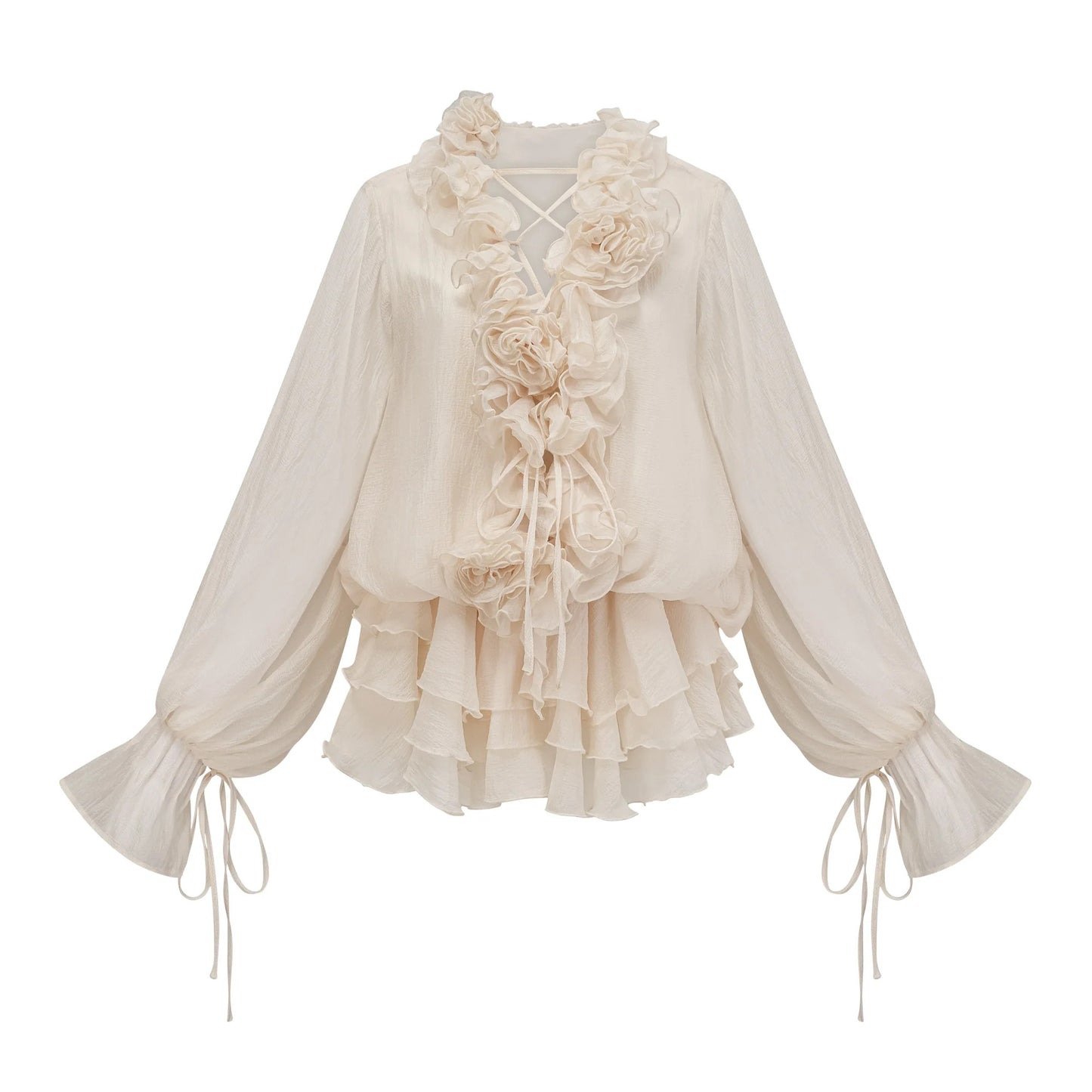 Zephyrine Floral-Applique Tiered Mini Dress in Neutrals