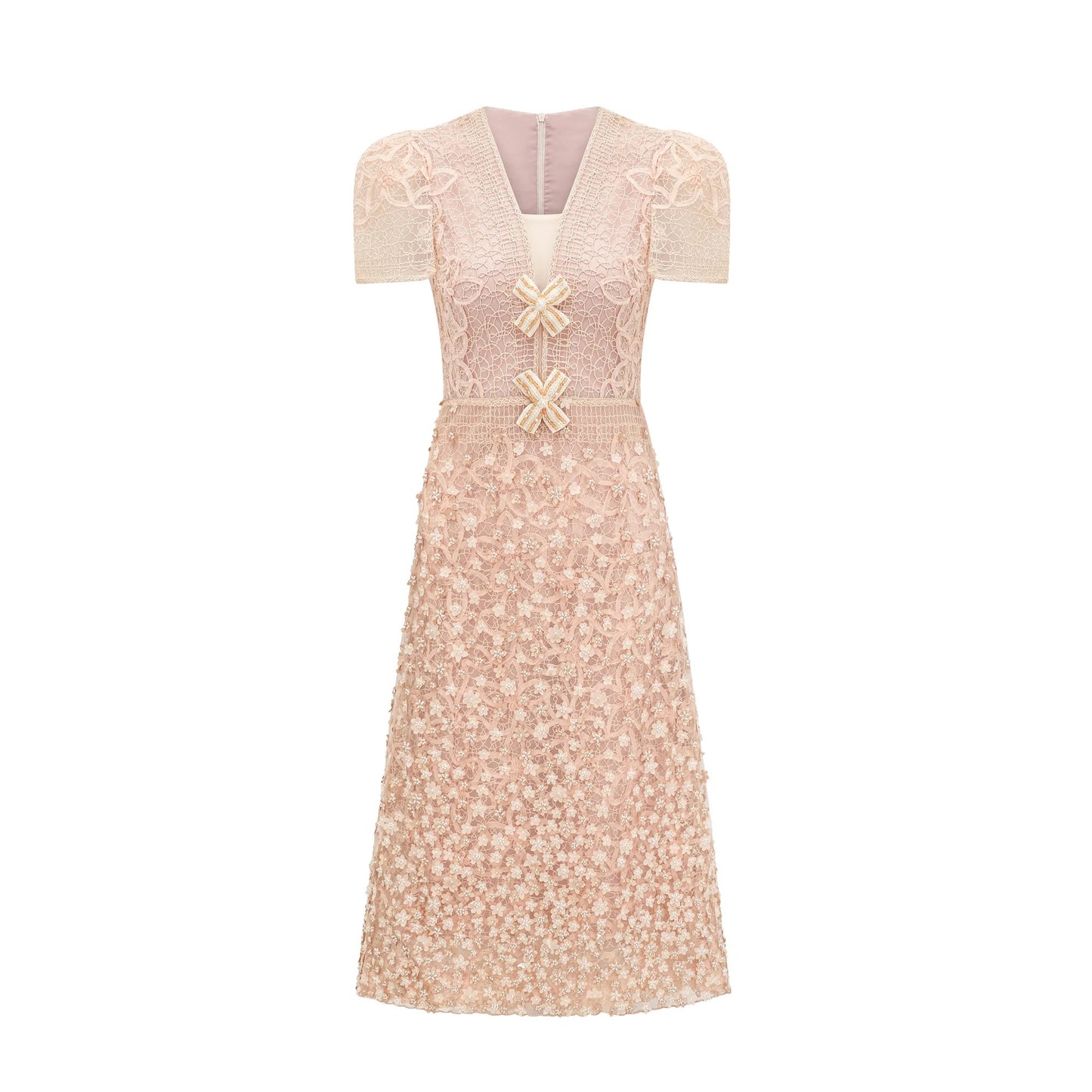 Berengere Neutrals Faux-Flower Crochet Midi Dress