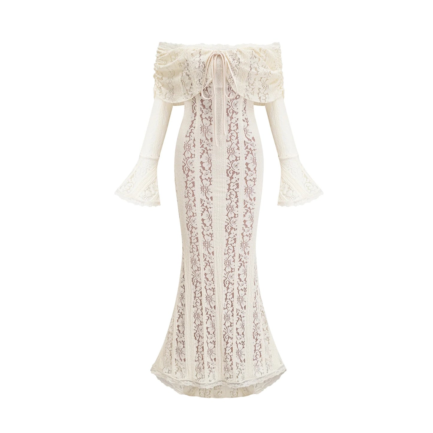 Emeline Floral Lace Flared-Cuff Maxi Dress in Neutrals
