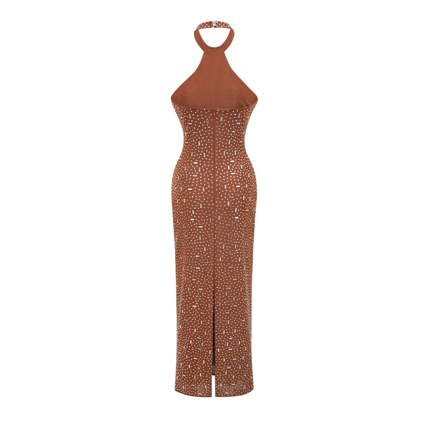 Desiree Brown Embellished Halter Neck Bodycon Maxi Dress