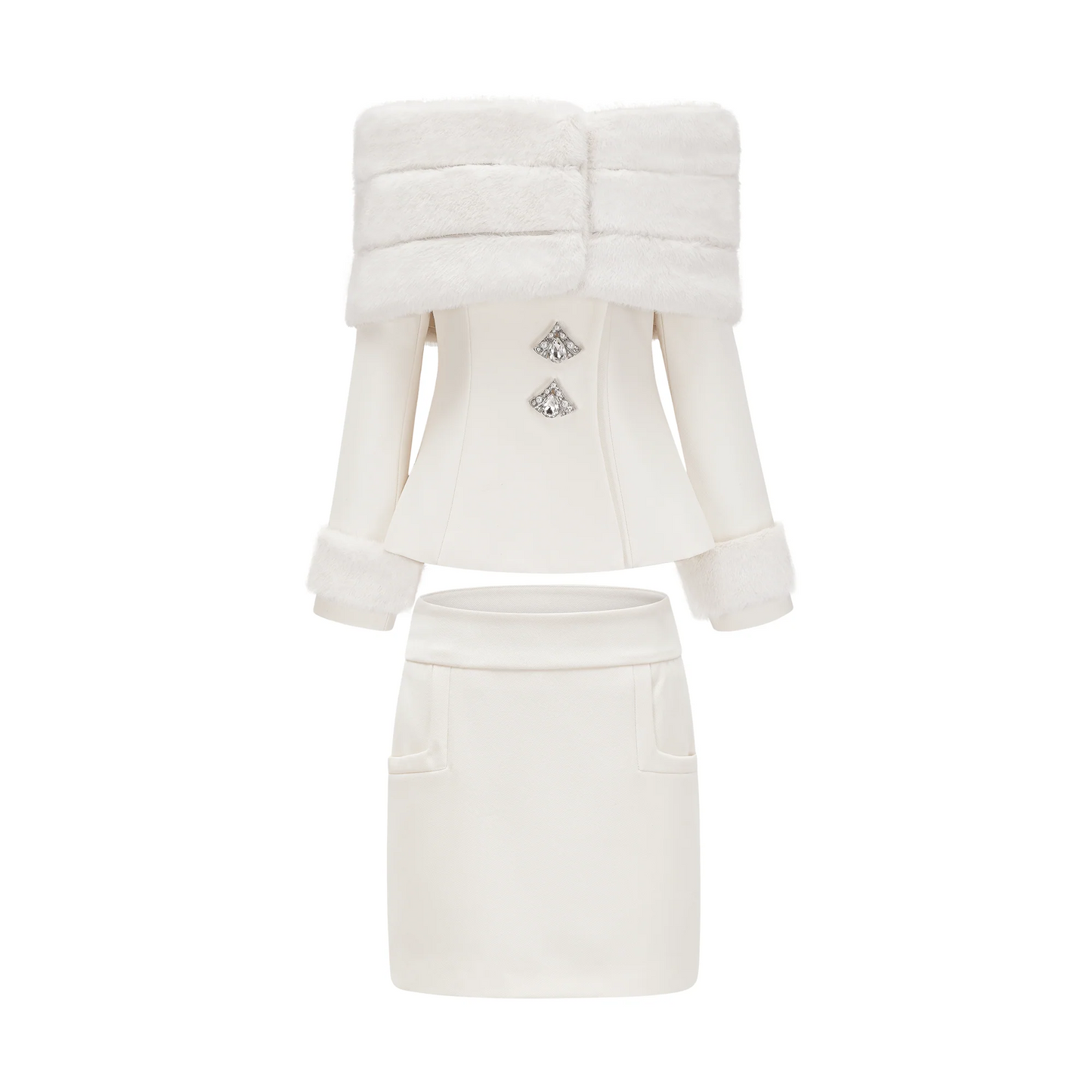 Caitlin White Faux-Fur Jacket & Skirt Matching Set