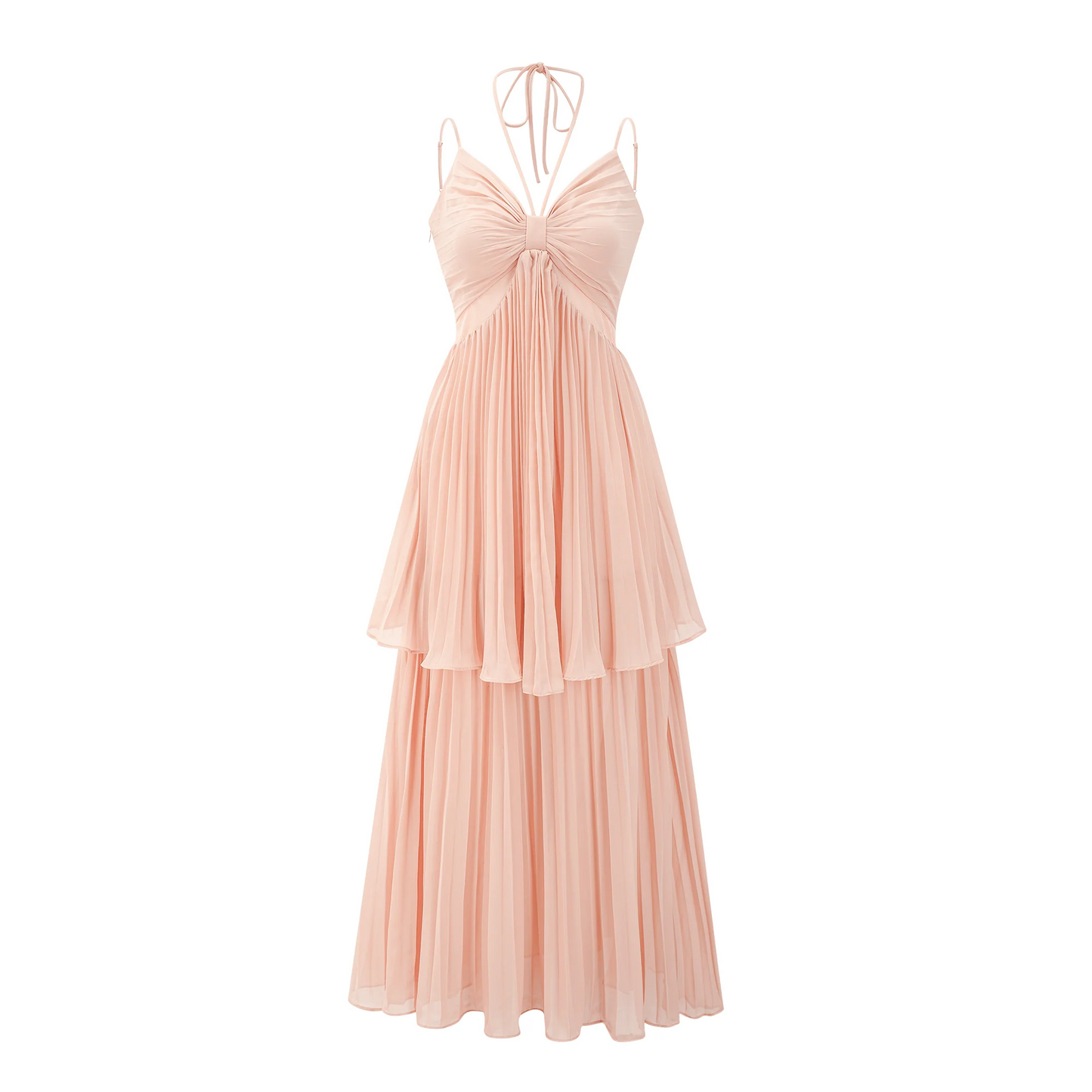 Olympe Pink Pleated Tiered Midi Dress