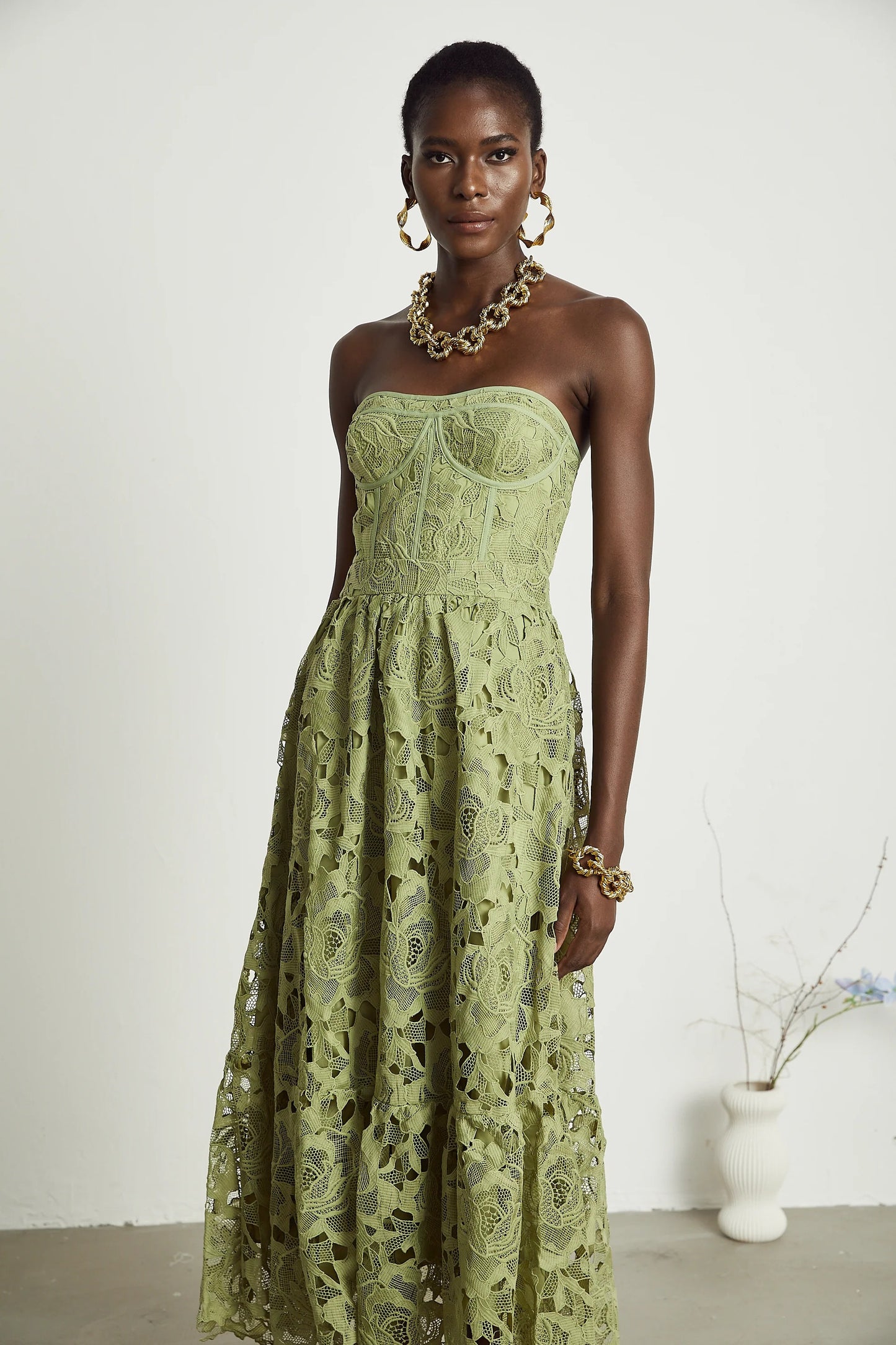Ines lace floral embroidered cut-out midi dress in Green