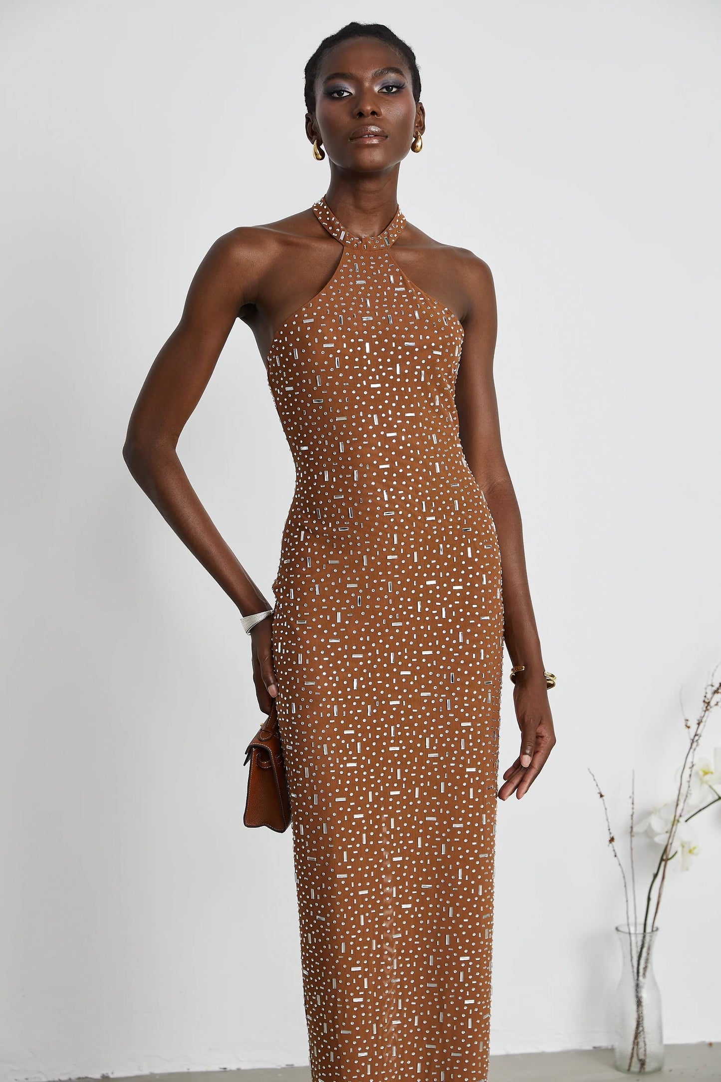 Desiree Brown Embellished Halter Neck Bodycon Maxi Dress