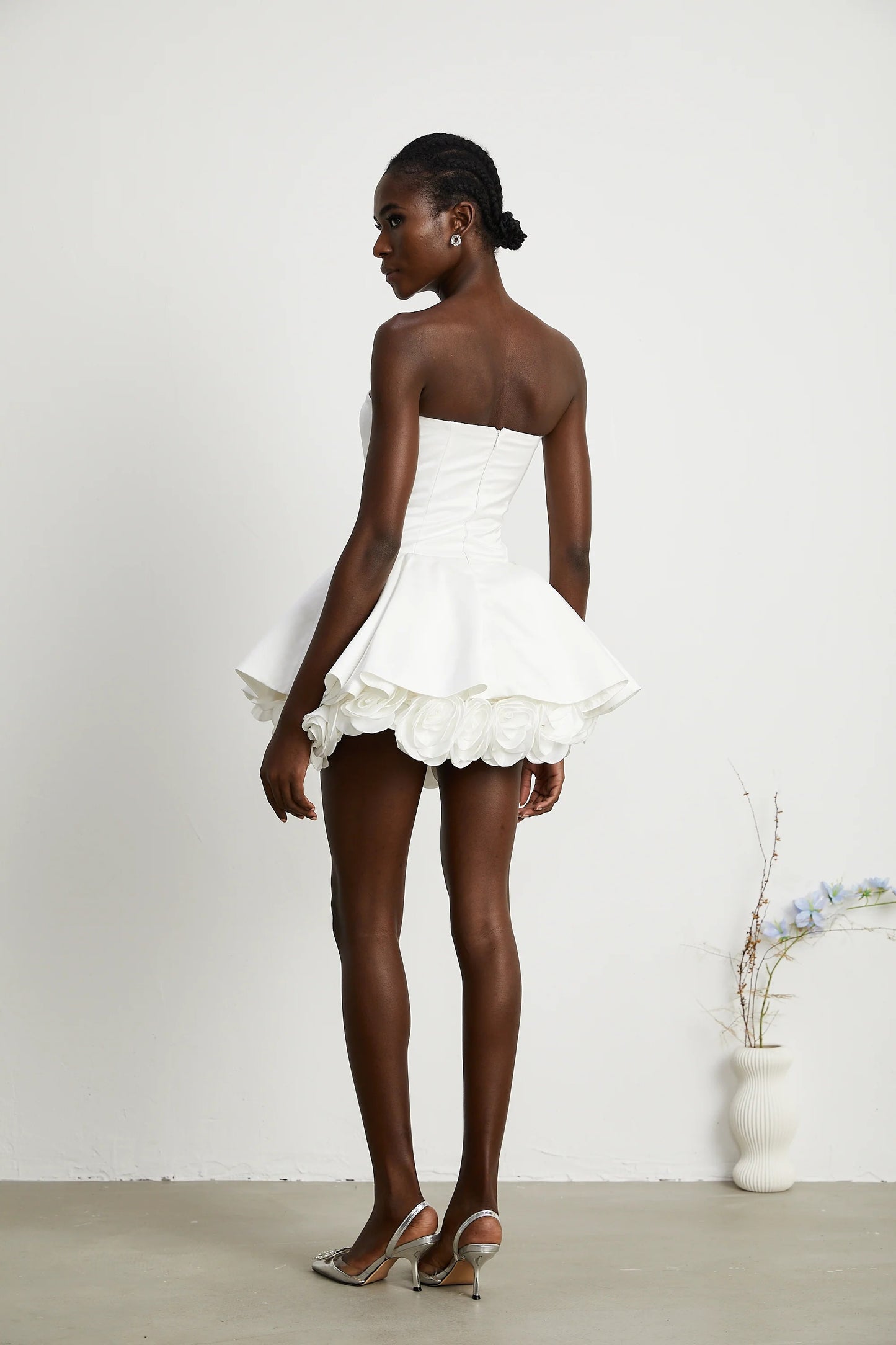 Lucie White Petal-Layered Strapless Corset Mini Dress