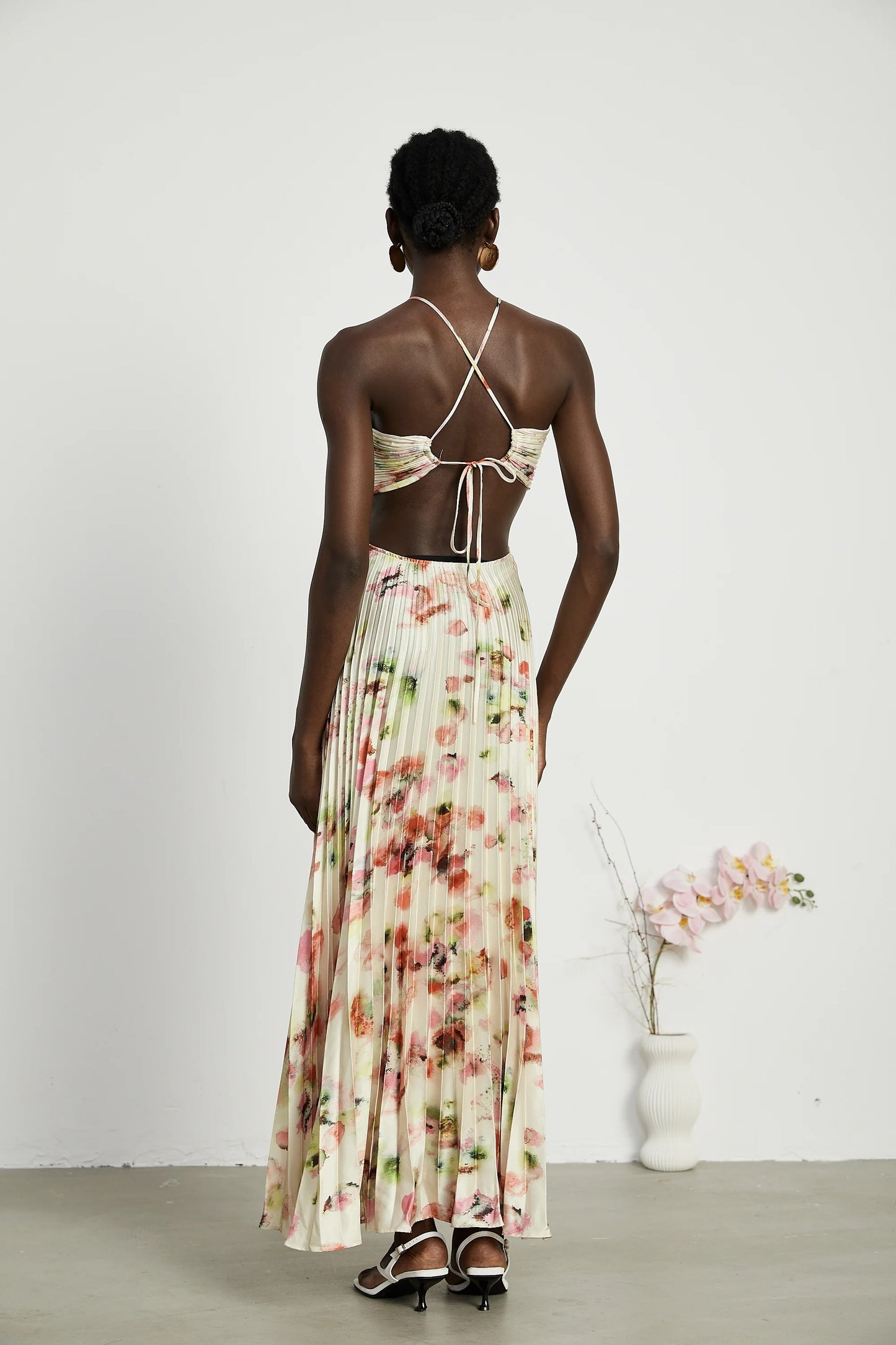 Andrea Cut-Out Floral-Print Pleated Maxi Dress