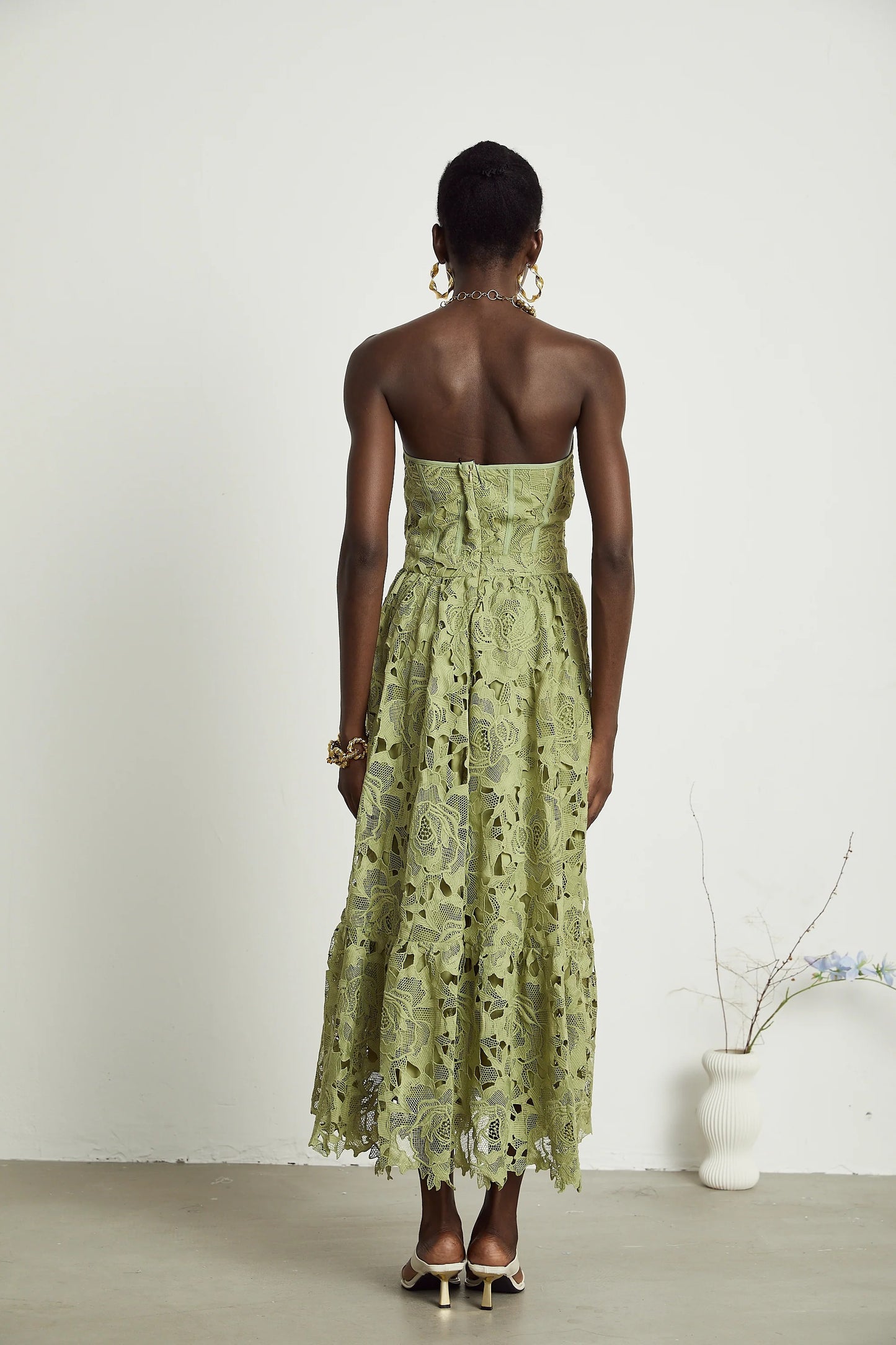 Ines lace floral embroidered cut-out midi dress in Green