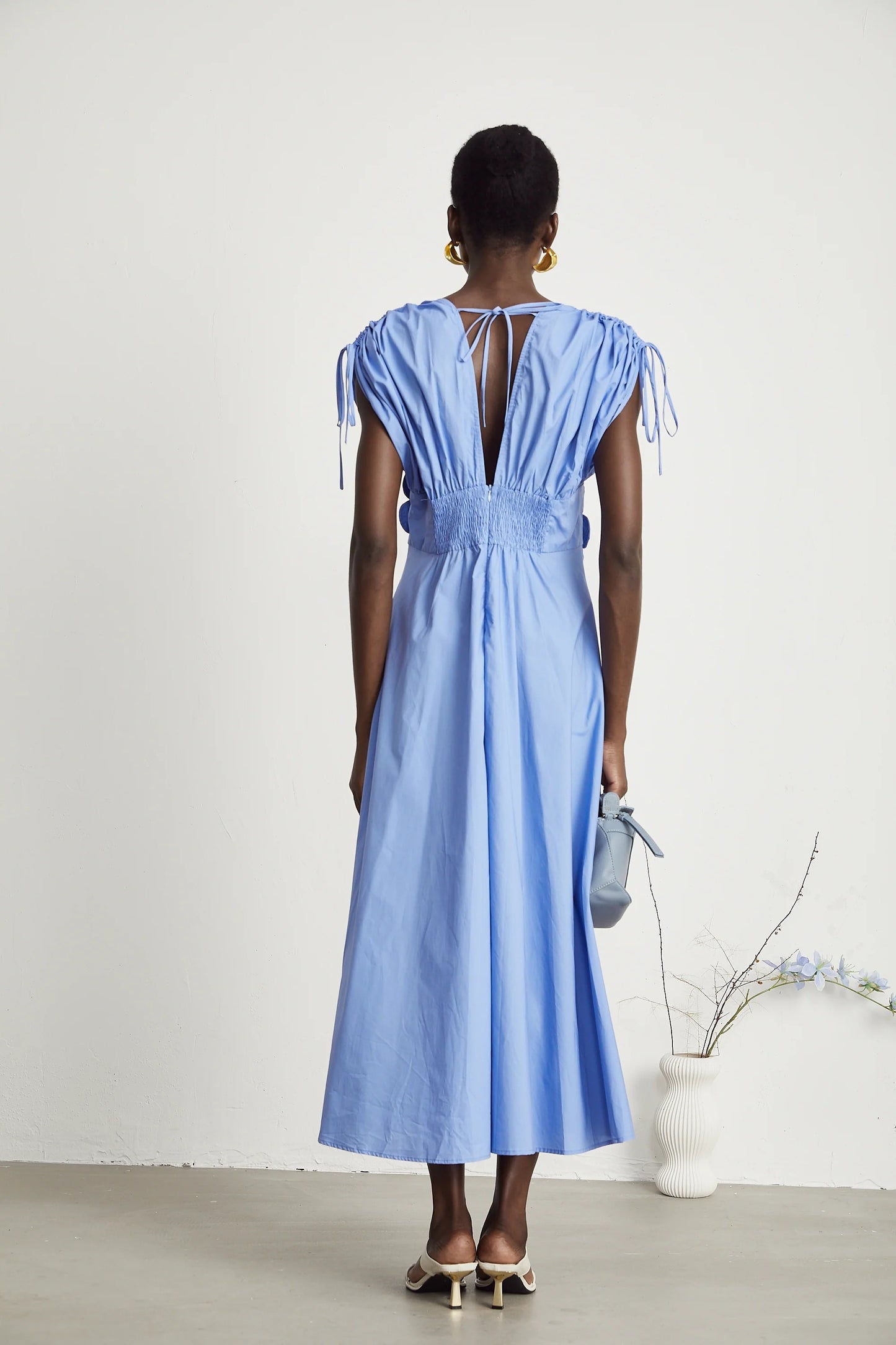 Emma Petal-Detail Drawstring Maxi Dress in Blue