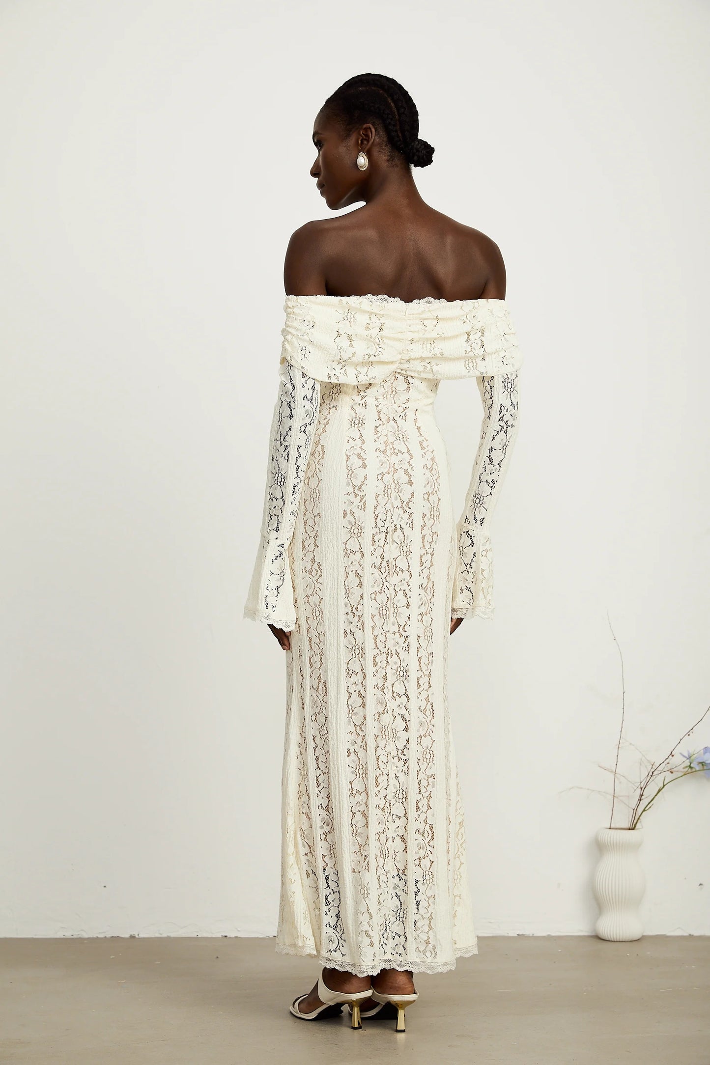 Emeline Floral Lace Flared-Cuff Maxi Dress in Neutrals