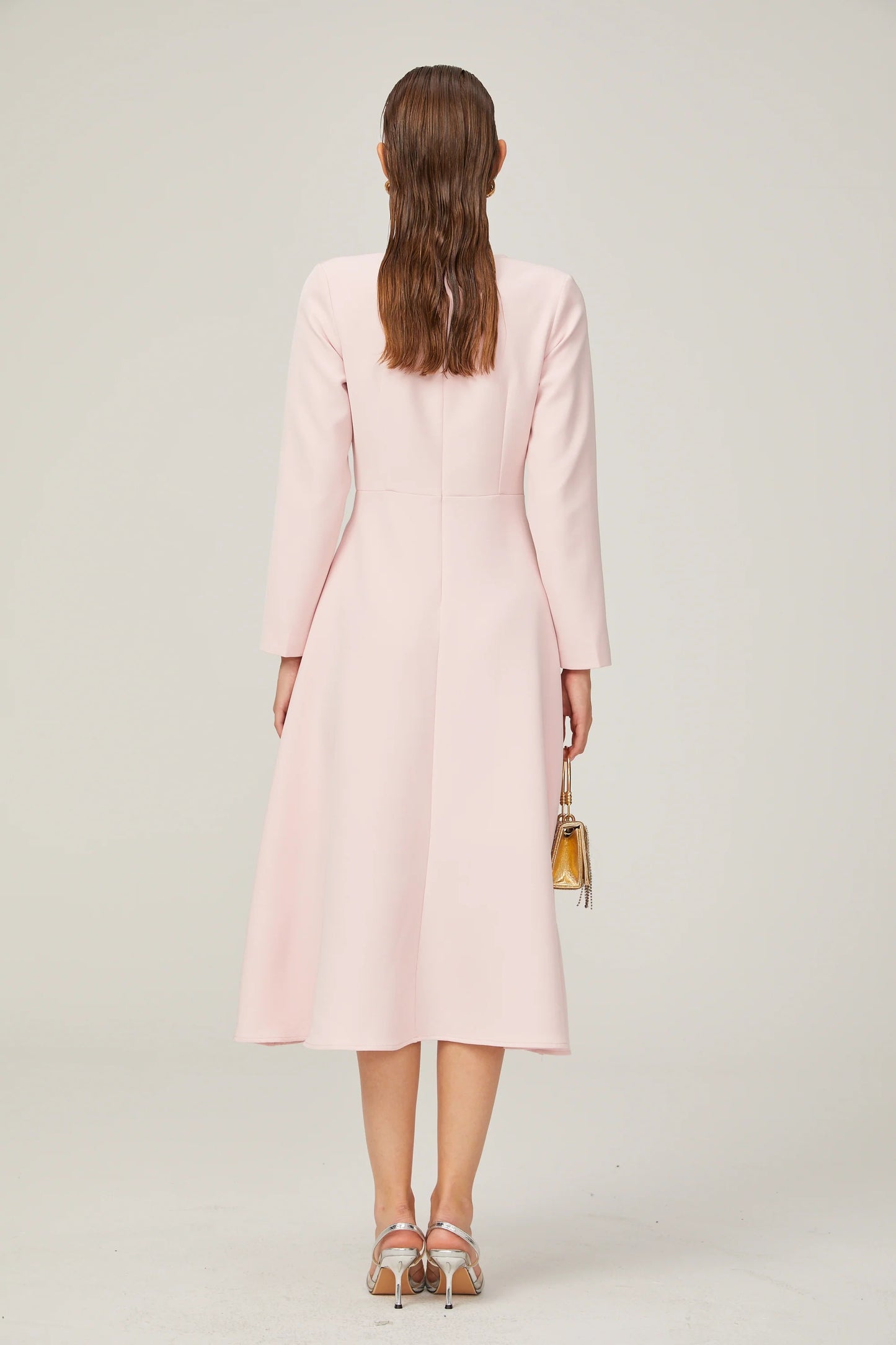 Elise pink bow-detail split-neck midi dress
