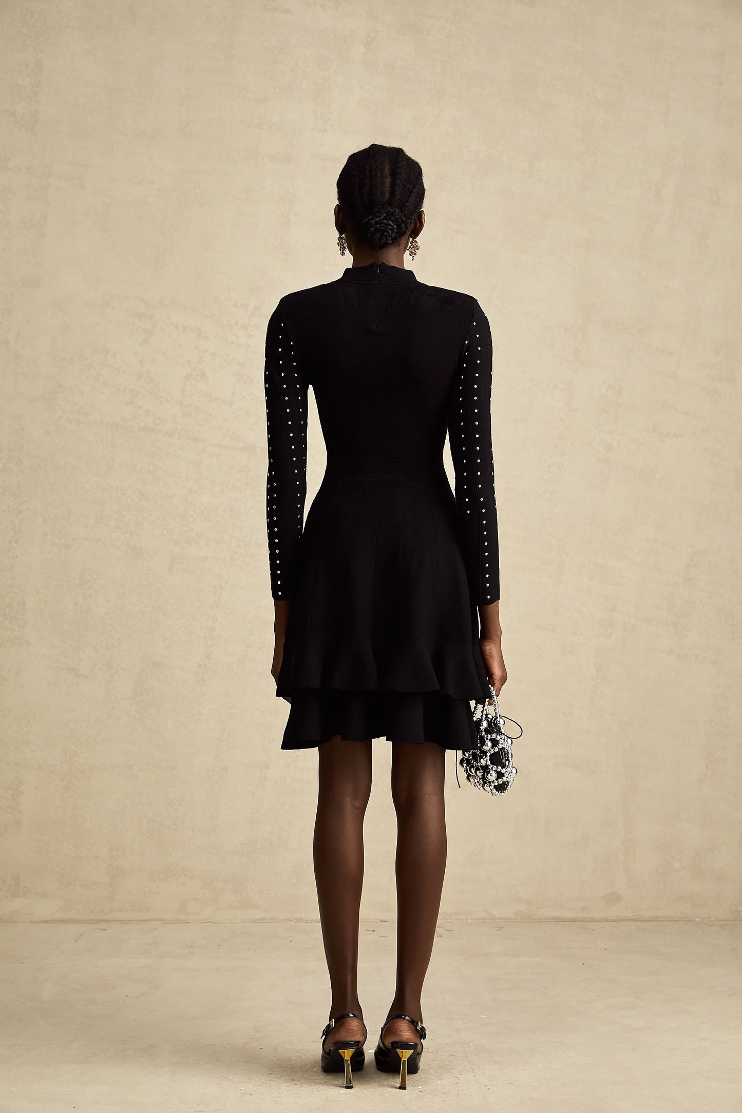 Fabienne Black Embellished Ruffled Knitted Mini Dress