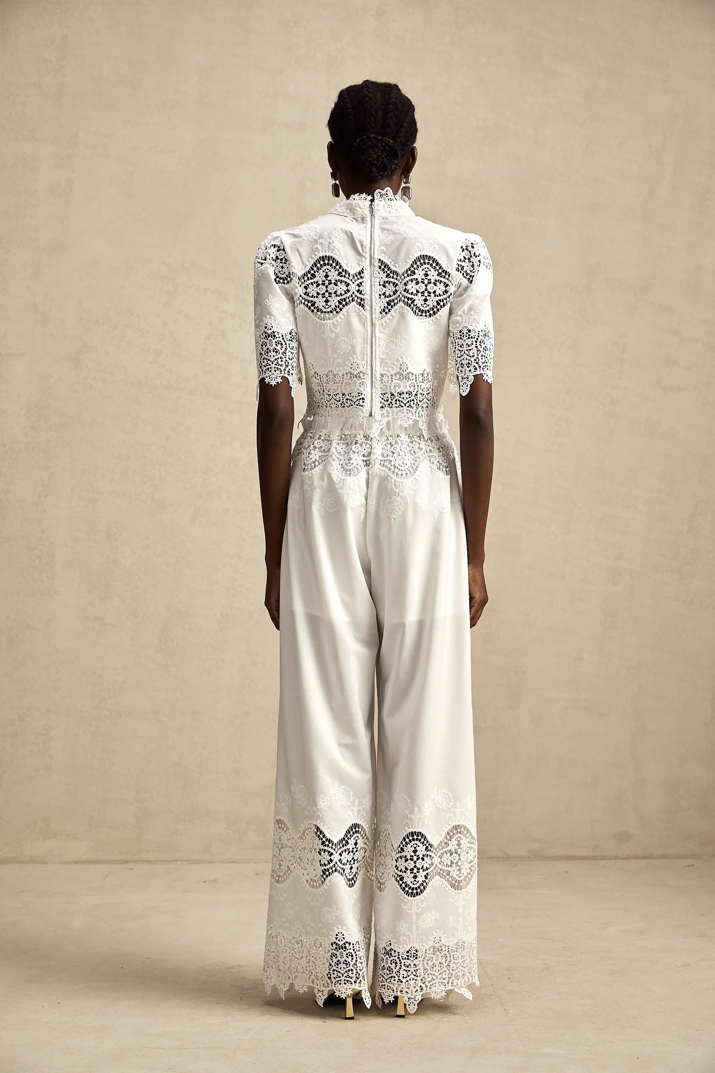 Raphaelle Lace-Trim Cut-Out Cropped Top & Trousers Matching Set