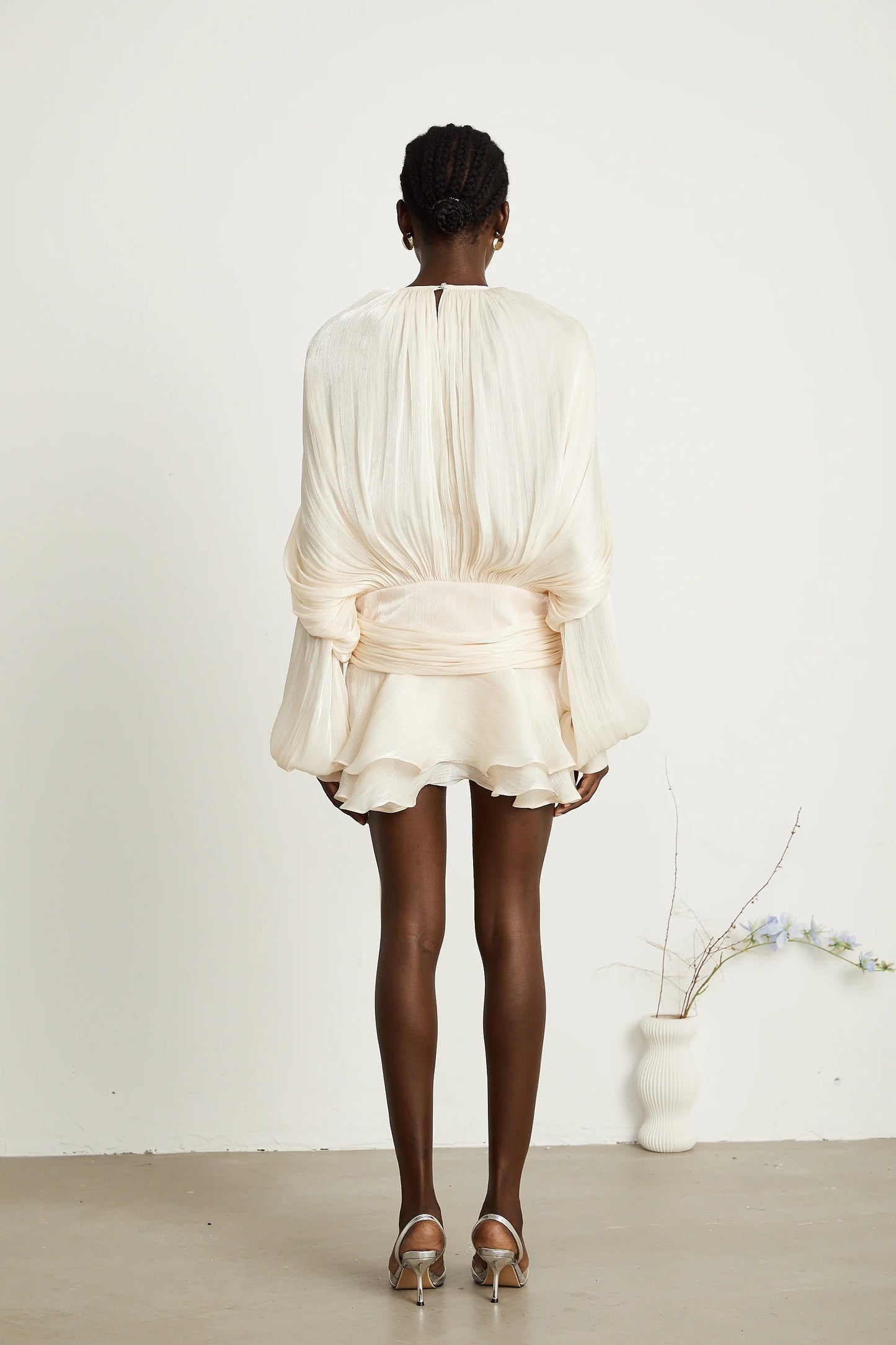 Eugenie Neutral Fully Pleated Ruffled Mini Dress