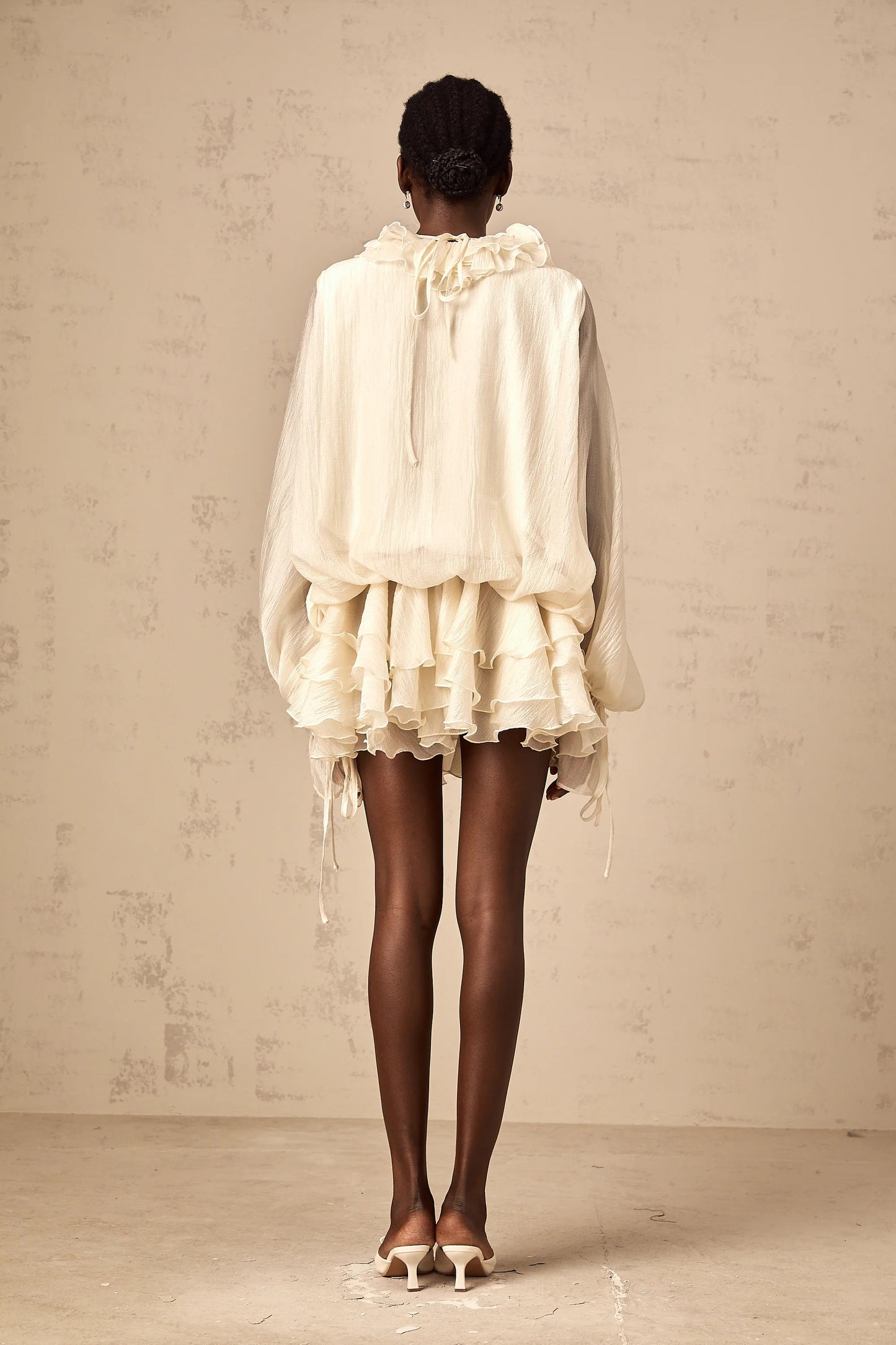 Zephyrine Floral-Applique Tiered Mini Dress in Neutrals