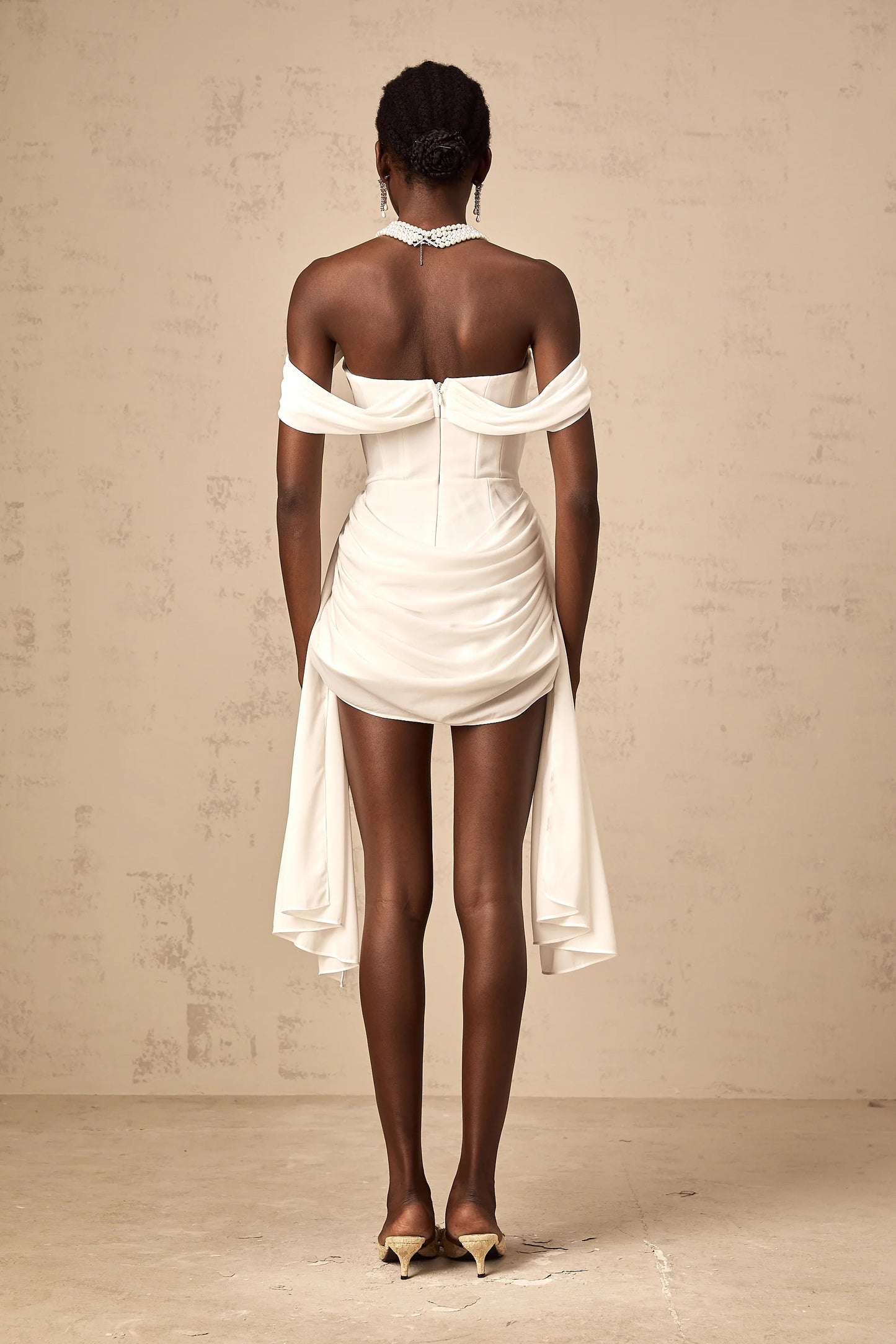 Gitta white ribbon-design ruched mini dress
