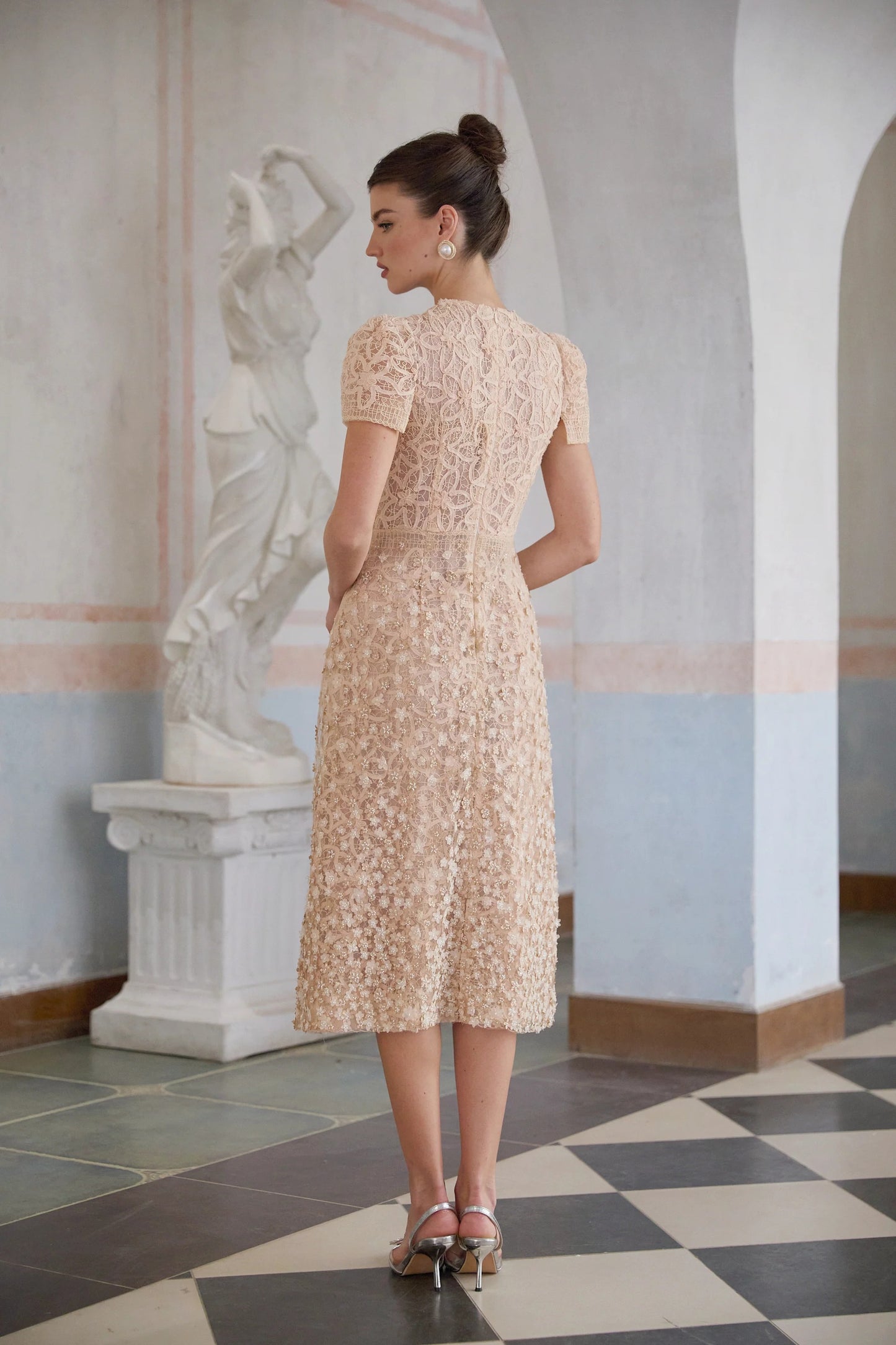 Berengere Neutrals Faux-Flower Crochet Midi Dress