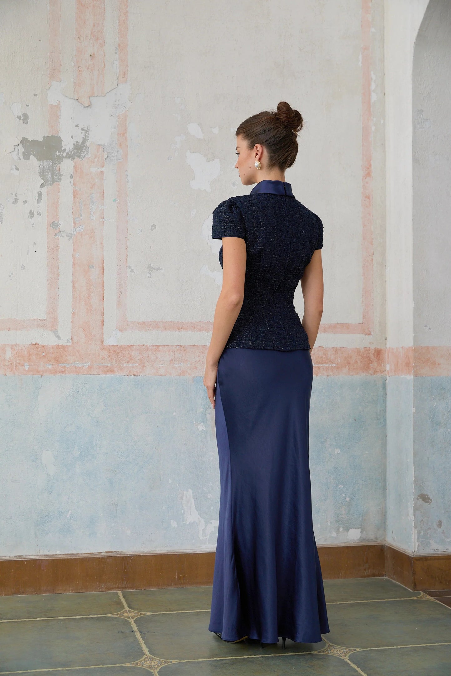 Josette blue peplum-waist panelled maxi dress