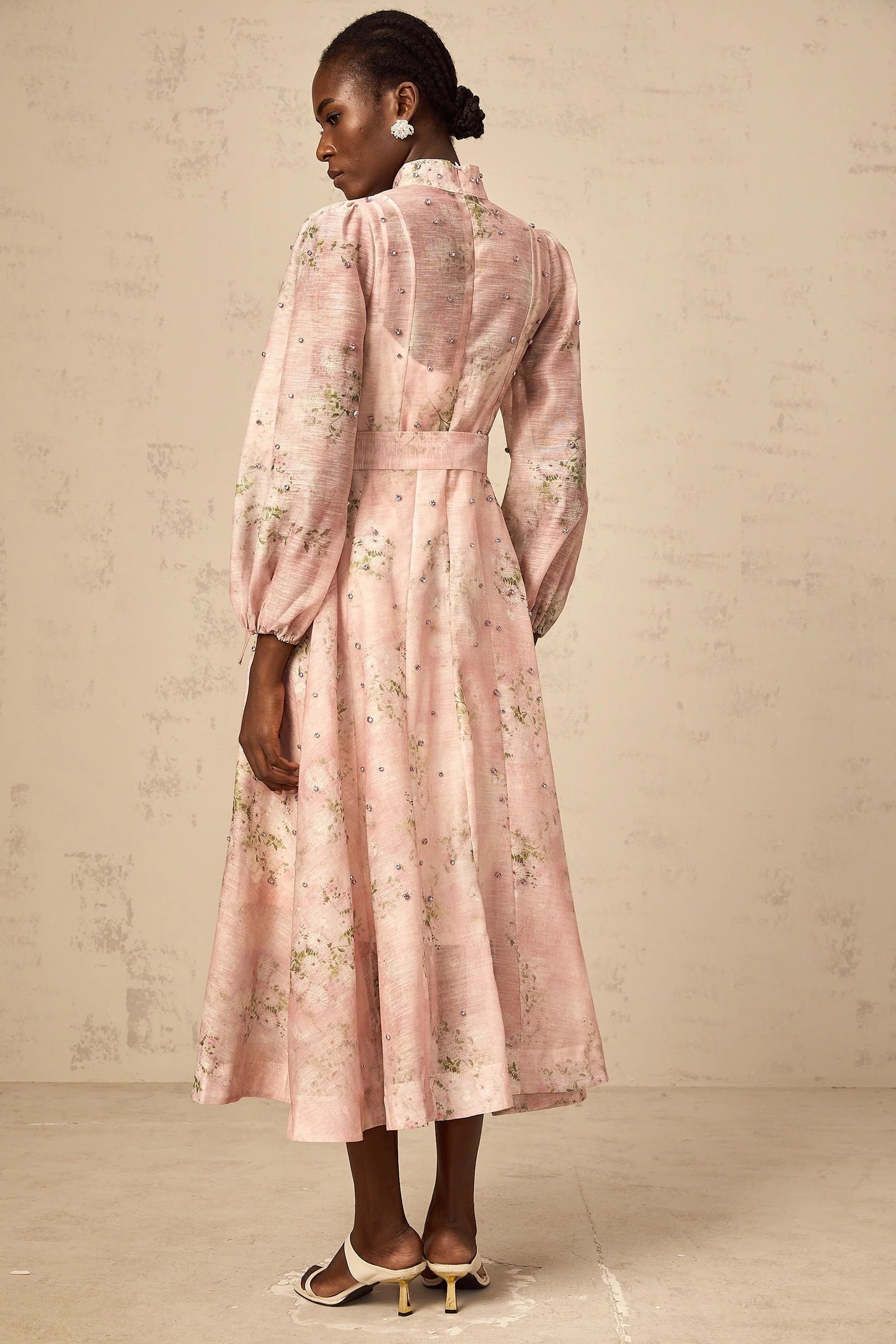 Narcisse Pink Embellished Floral-Print Midi Dress