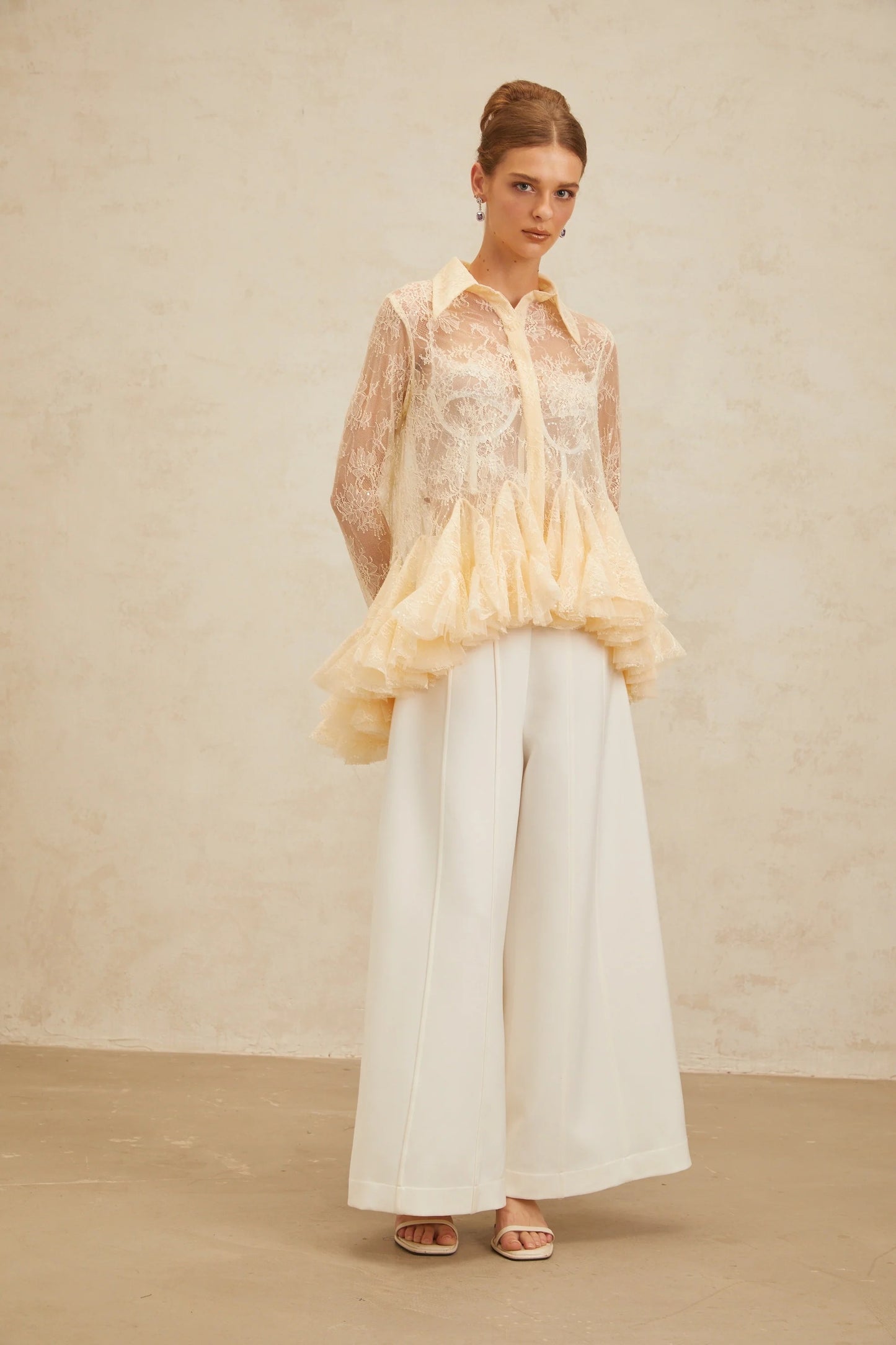 Ingrid Neutral Peplum Floral Lace Blouse