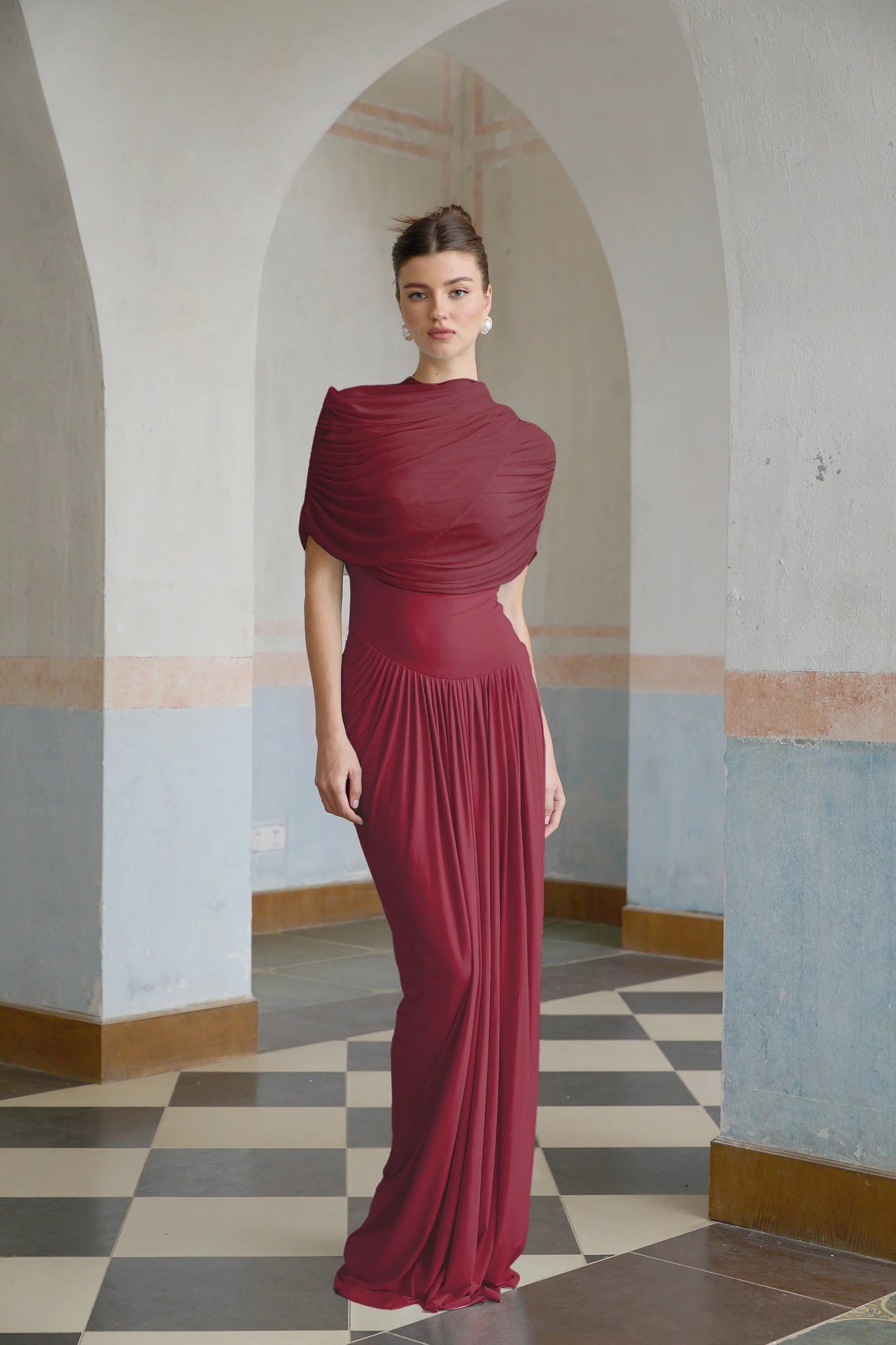 Catherine asymmetrical pleated maxi dress in Red