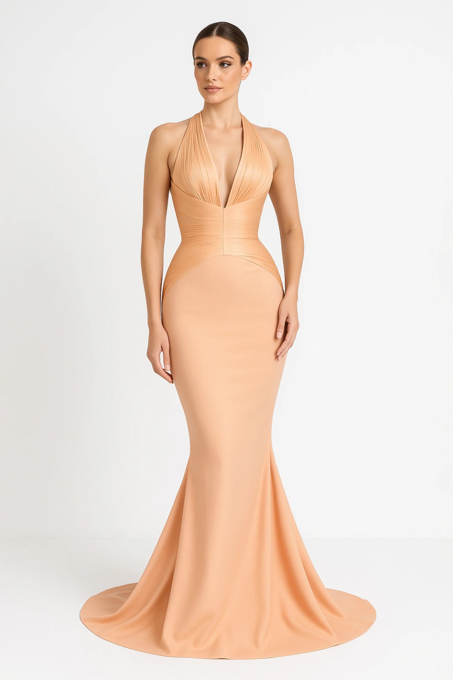 Emmeline Neutral Train Design Gathered Maxi Dress