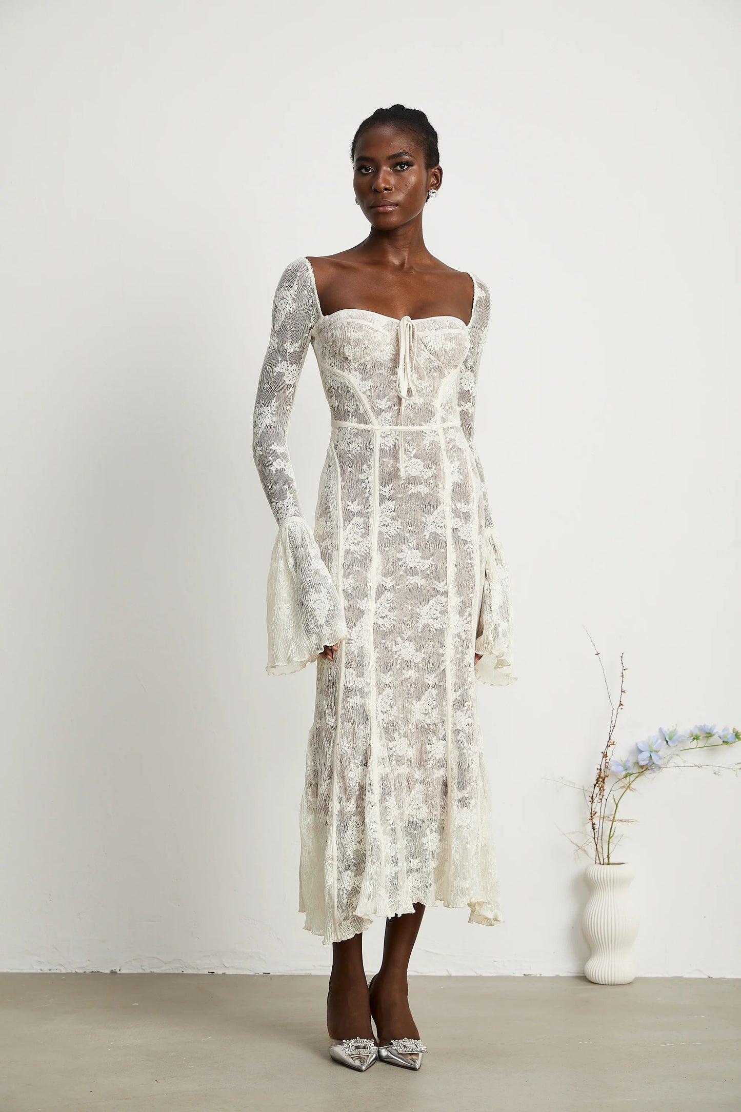 Marlene White Flared Lace Maxi Dress