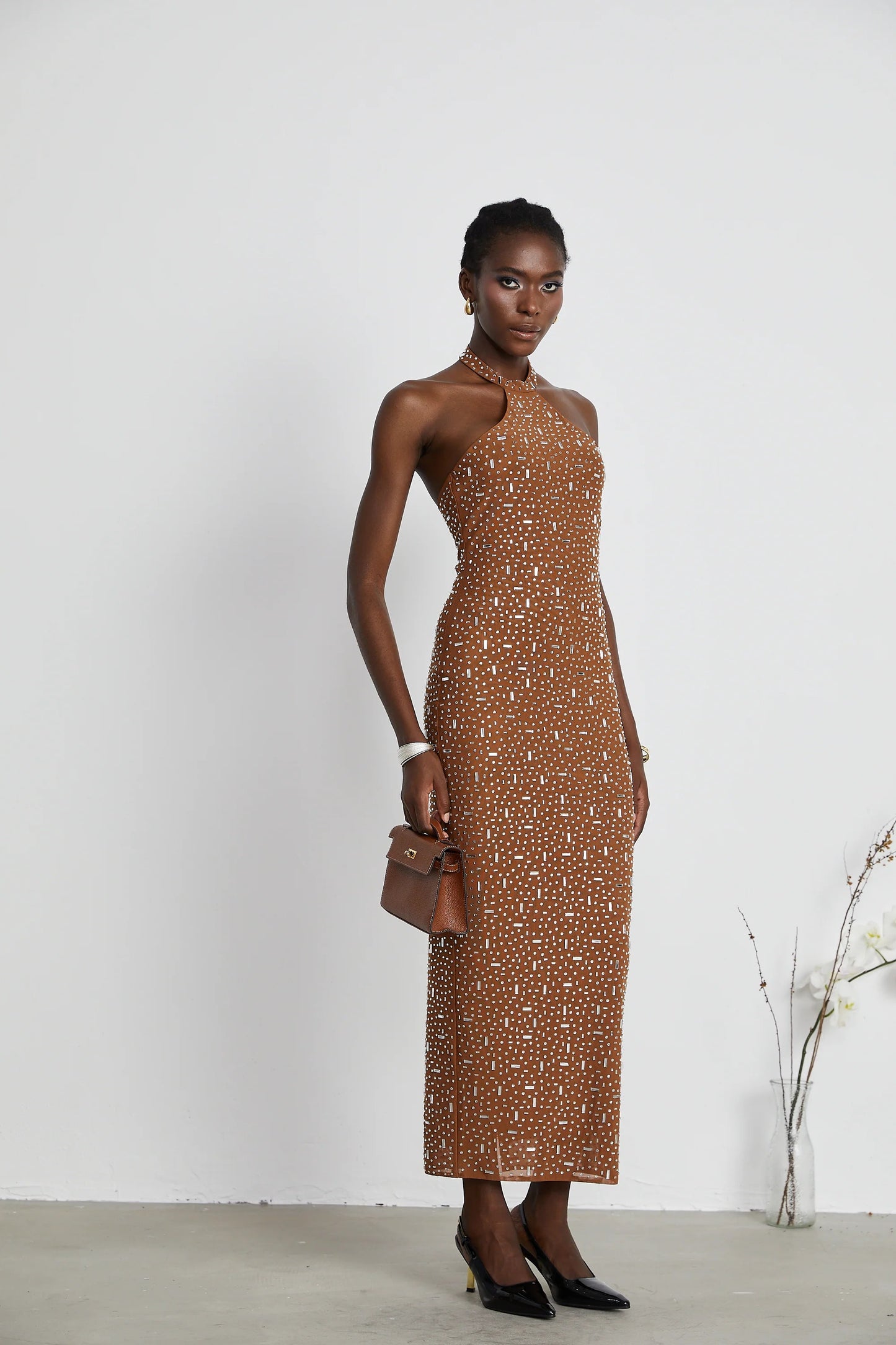 Desiree Brown Embellished Halter Neck Bodycon Maxi Dress
