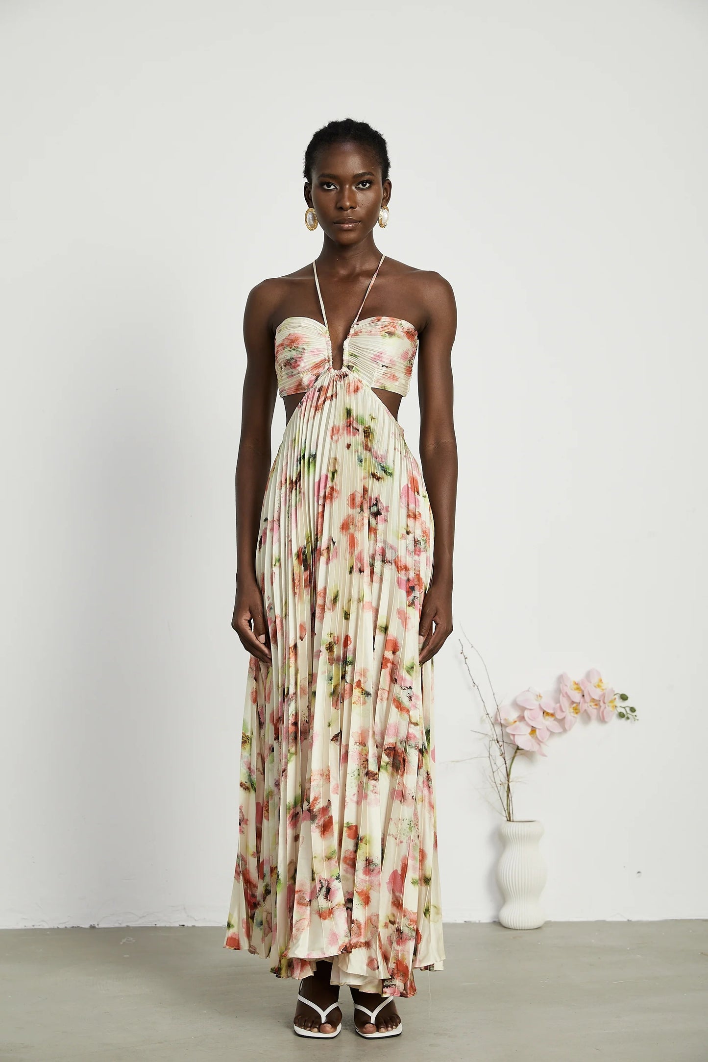 Andrea Cut-Out Floral-Print Pleated Maxi Dress