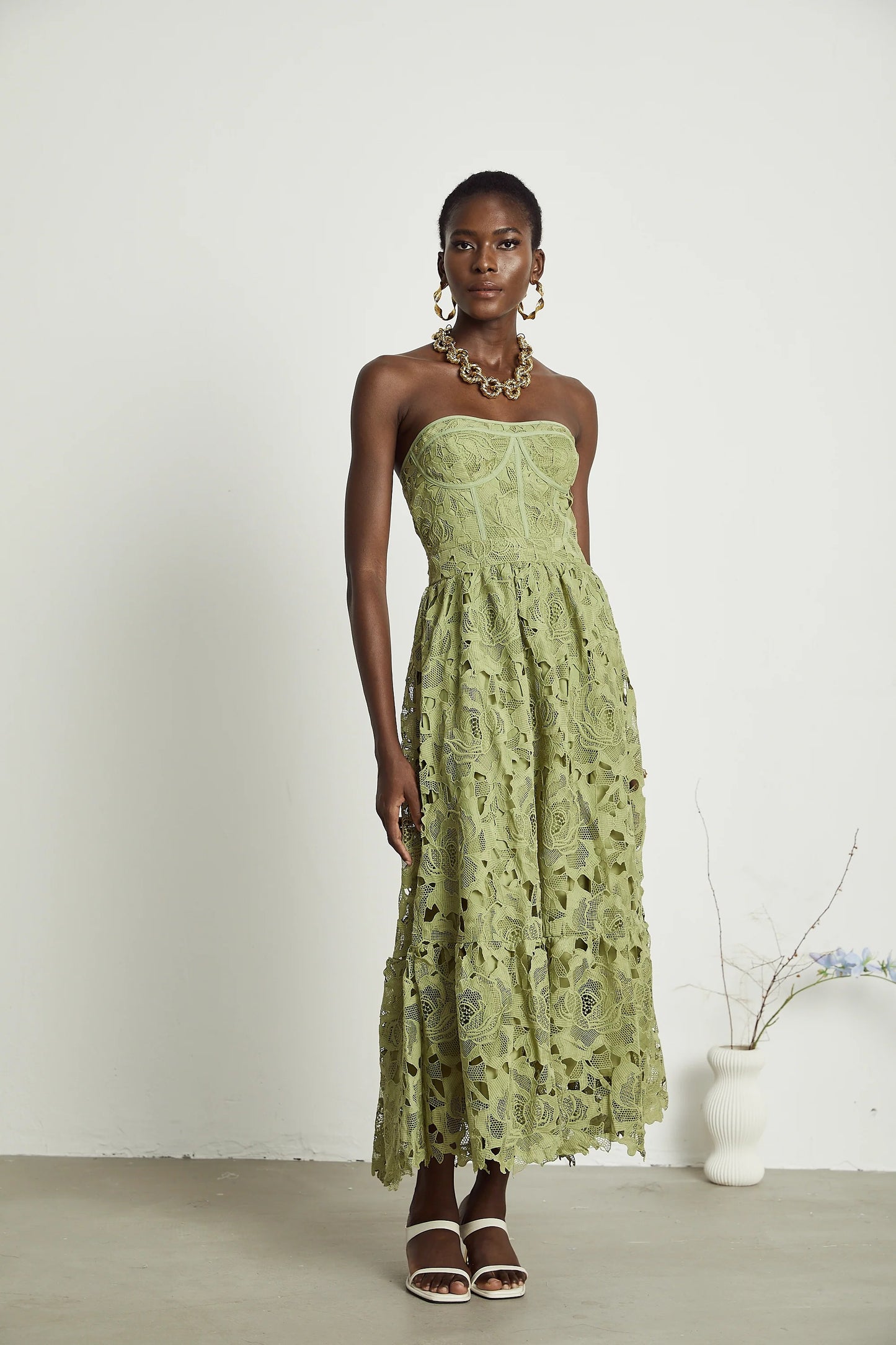 Ines lace floral embroidered cut-out midi dress in Green