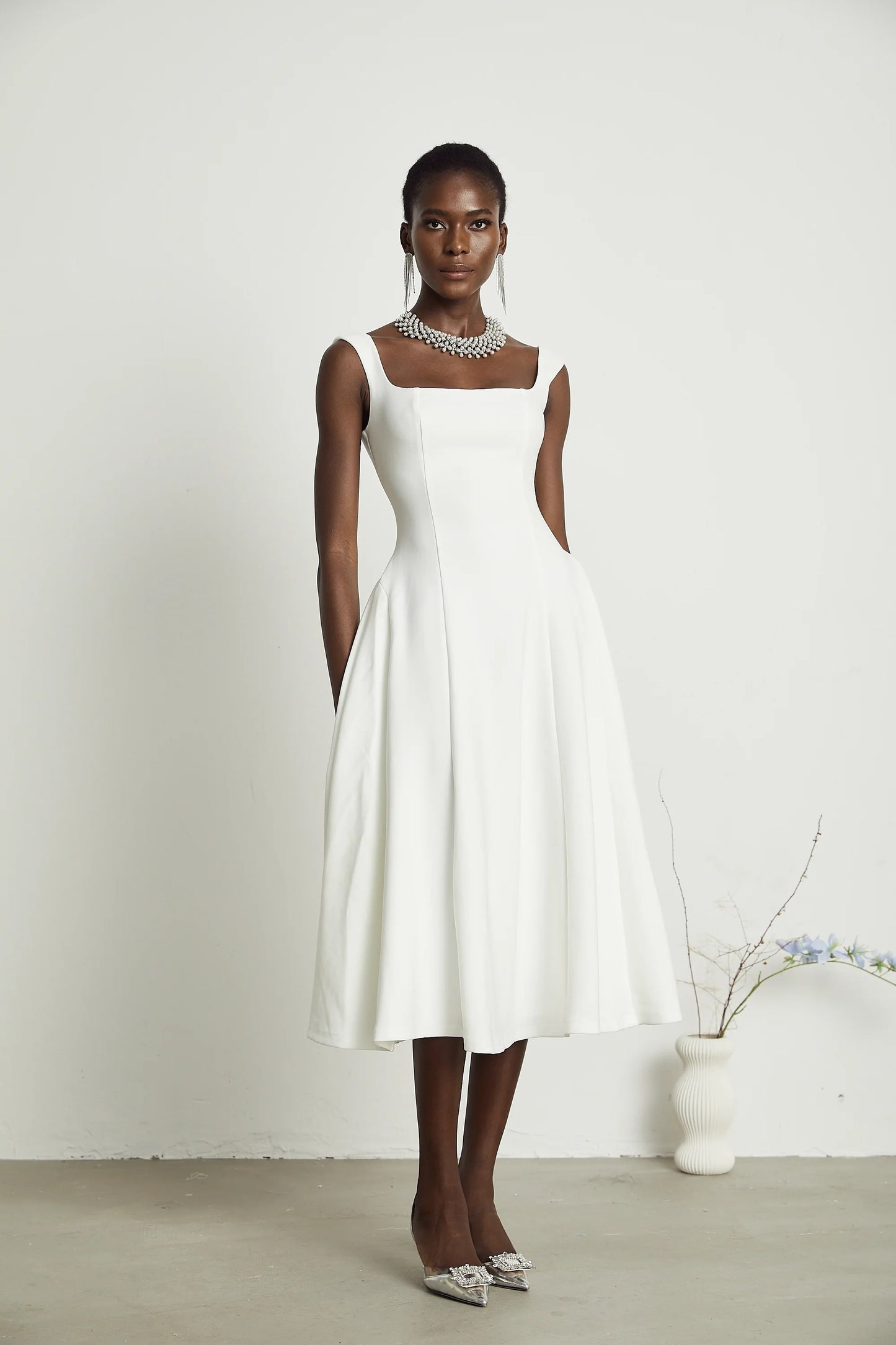Thala White Pleated Flared Midi Dress