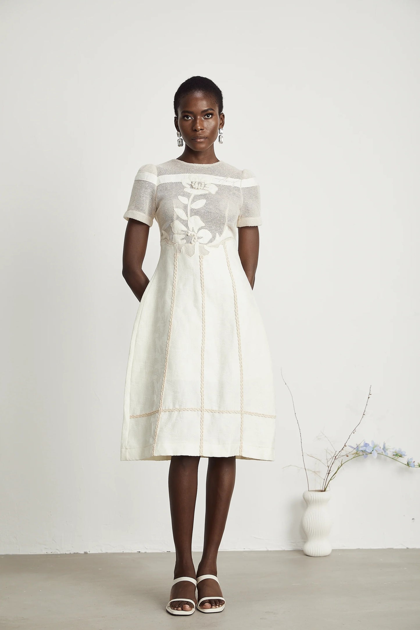 Diane Floral Embroidered Openwork Midi Dress