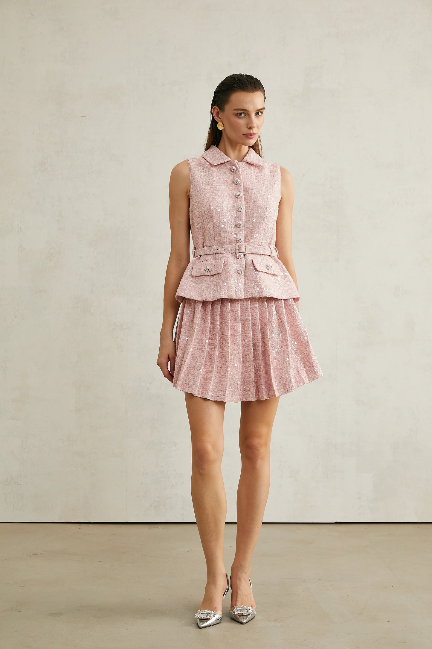 Elise Pink Pleated Embellished Mini Dress