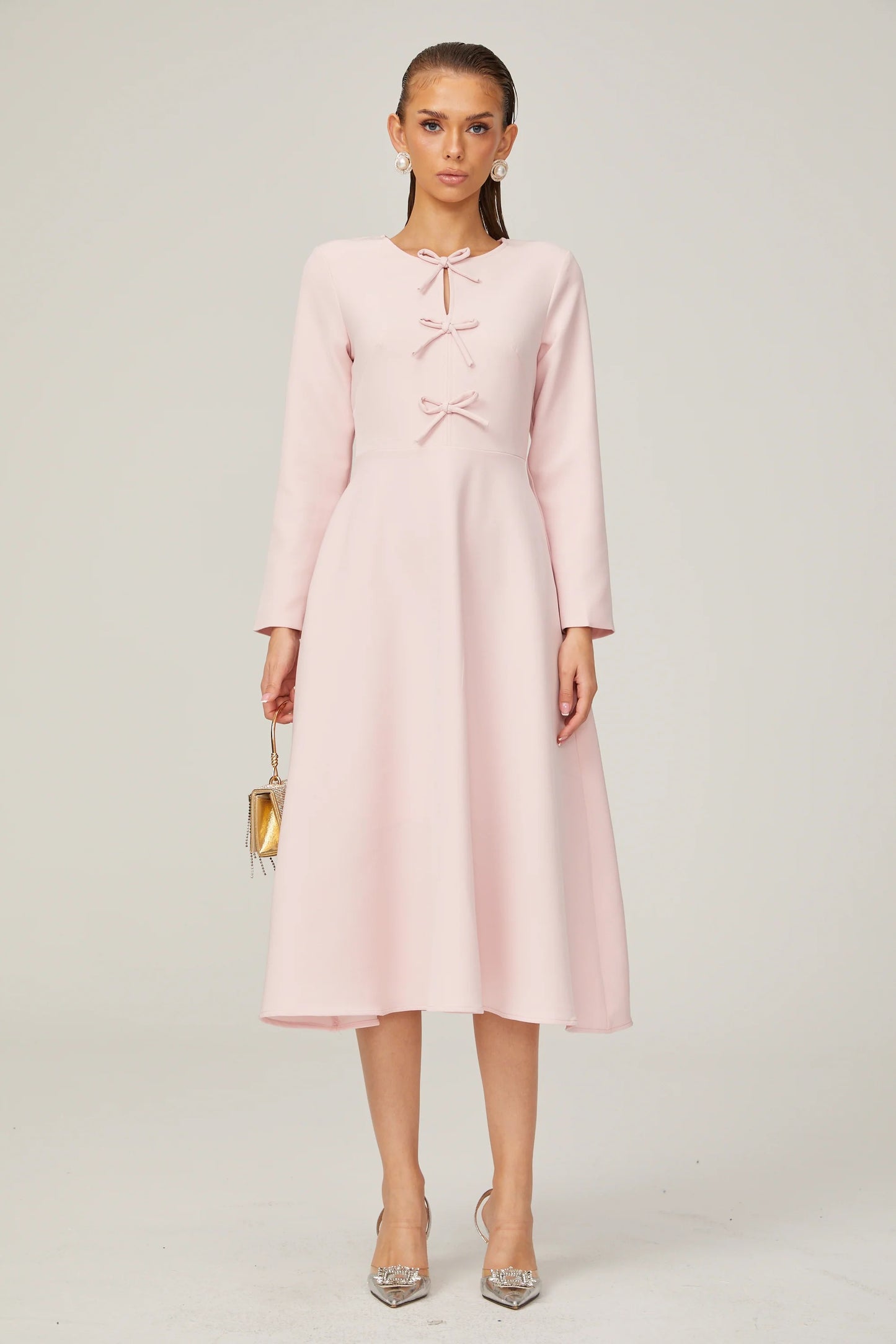 Elise pink bow-detail split-neck midi dress