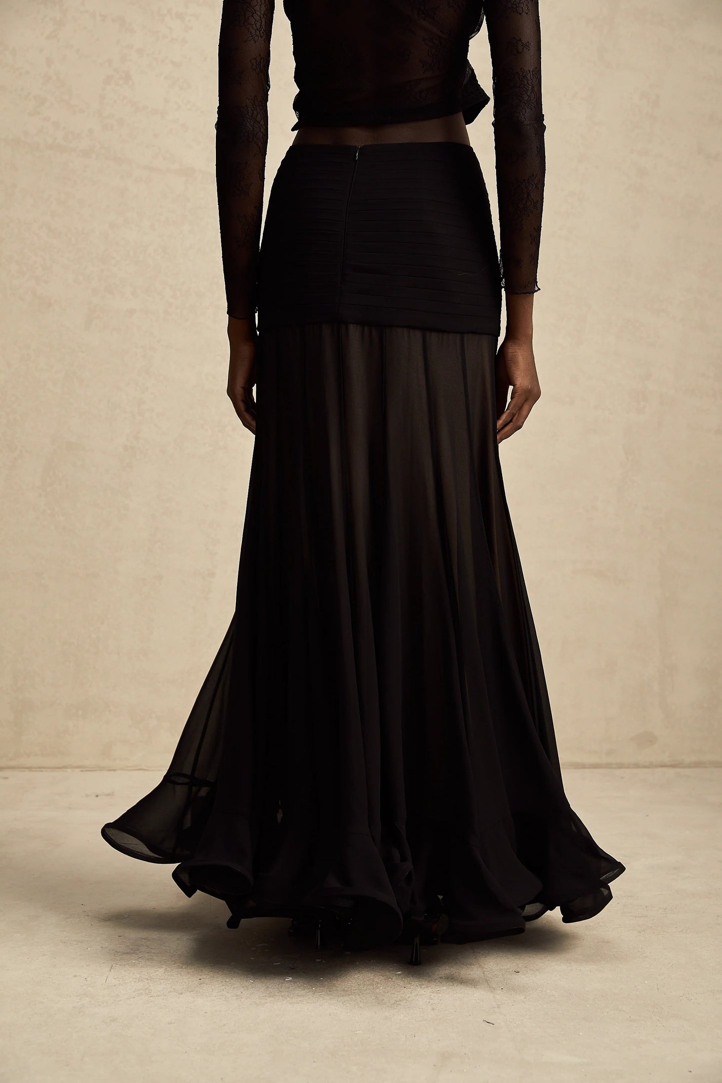 Jacqueline rayon ruffle pleated tulle maxi skirt